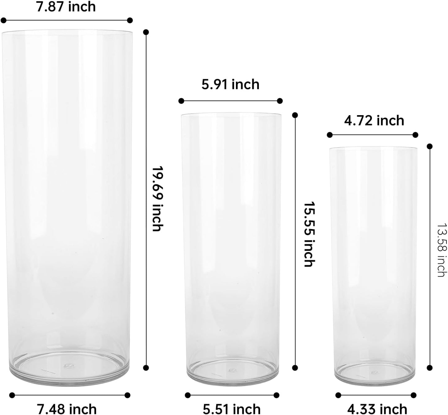 Extra Large Acrylic Cylinder Clear Vase for Floor, 20 in Tall Big Wide Mouth Plastic Unbreakable Hurricane Flower Vases of 3 for Home Decor (D 8", D 6", D 4.8" + 3 Holder)