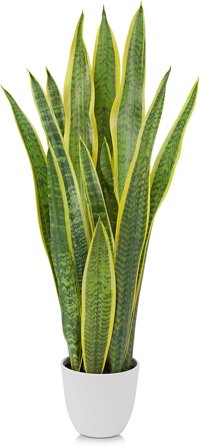 Hollyone 2 Set Artificial Snake Plant Potted, 28 Inch Faux Sansevieria Trifasciata Plants Large Tall Tropical Fake Snake Plant Tree in White Pots for Home Office Room Patio Garden Indoor Outdoor Decor