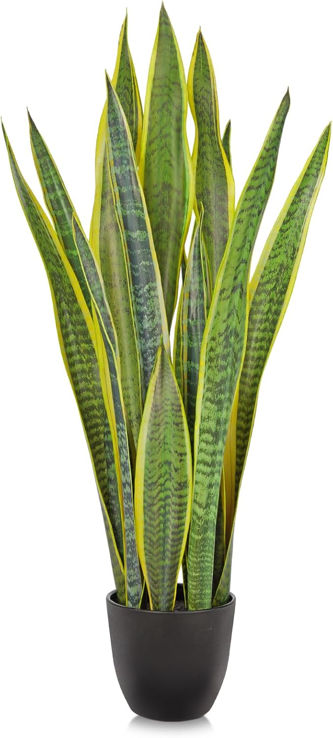 Hollyone 2 Set Artificial Snake Plant Potted, 28 Inch Faux Sansevieria Trifasciata Plants Large Tall Tropical Fake Snake Plant Tree in White Pots for Home Office Room Patio Garden Indoor Outdoor Decor