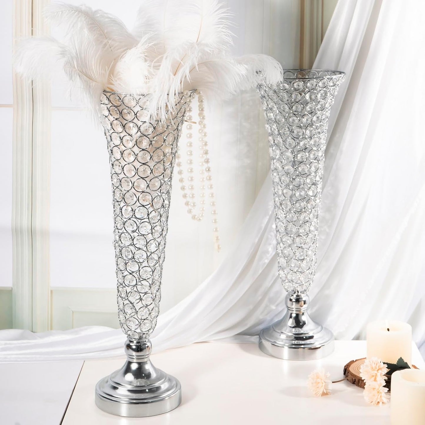 Silver Vases for Centerpieces - Crystal Trumpet Floral Vase, 2Pcs Crystal Vases for Table Centerpieces, 20in Flower Stand for Wedding Party Anniversary Birthday Home Decoration