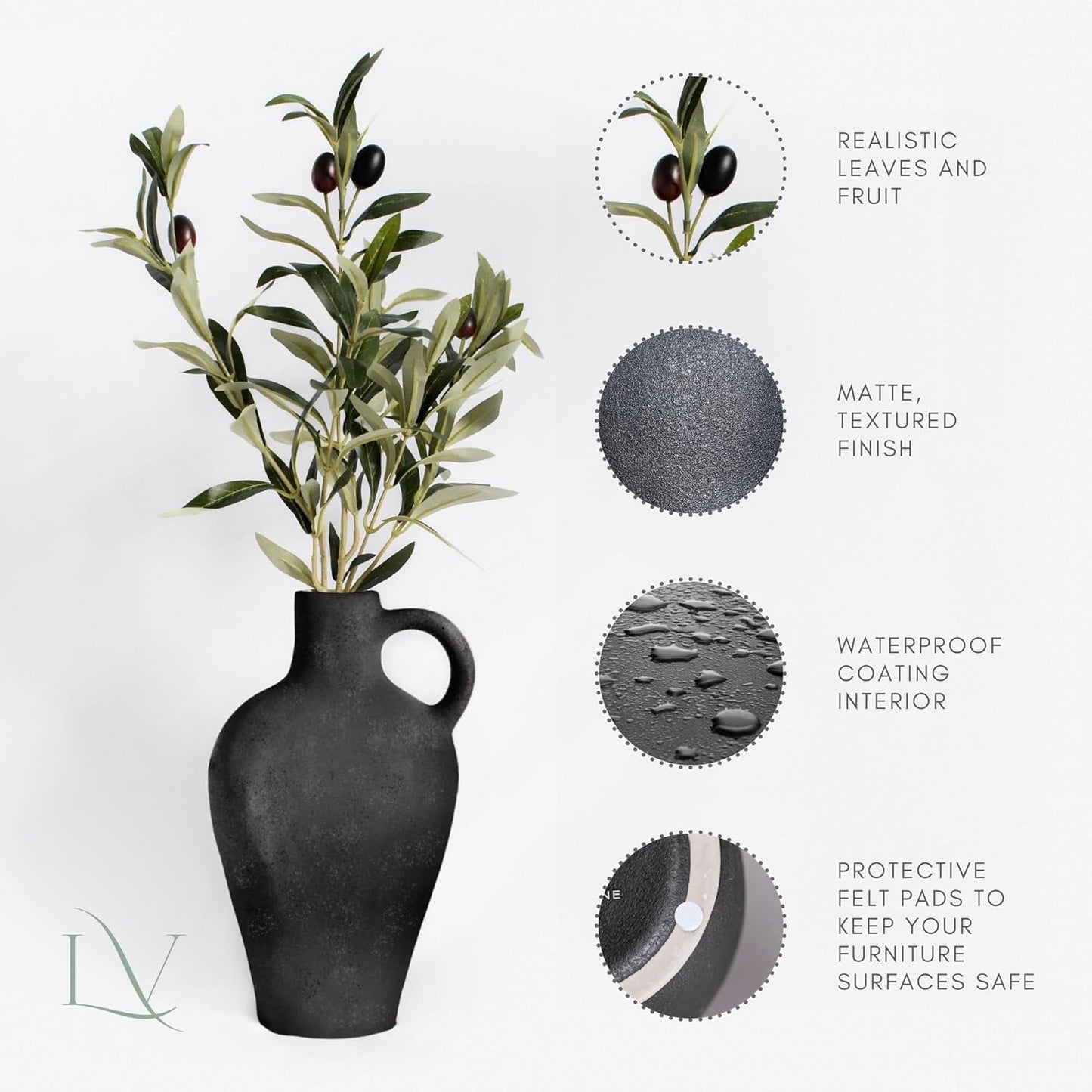 Luxurious Gift Set Textured Ceramic Vase 10 Inch with Olive Branches 22 Inch Tall Black Medium Vase Artificial Topiaries Fake Plants, Minimalist Shelf Decor, Neutral Home Office High End Gifting Decor