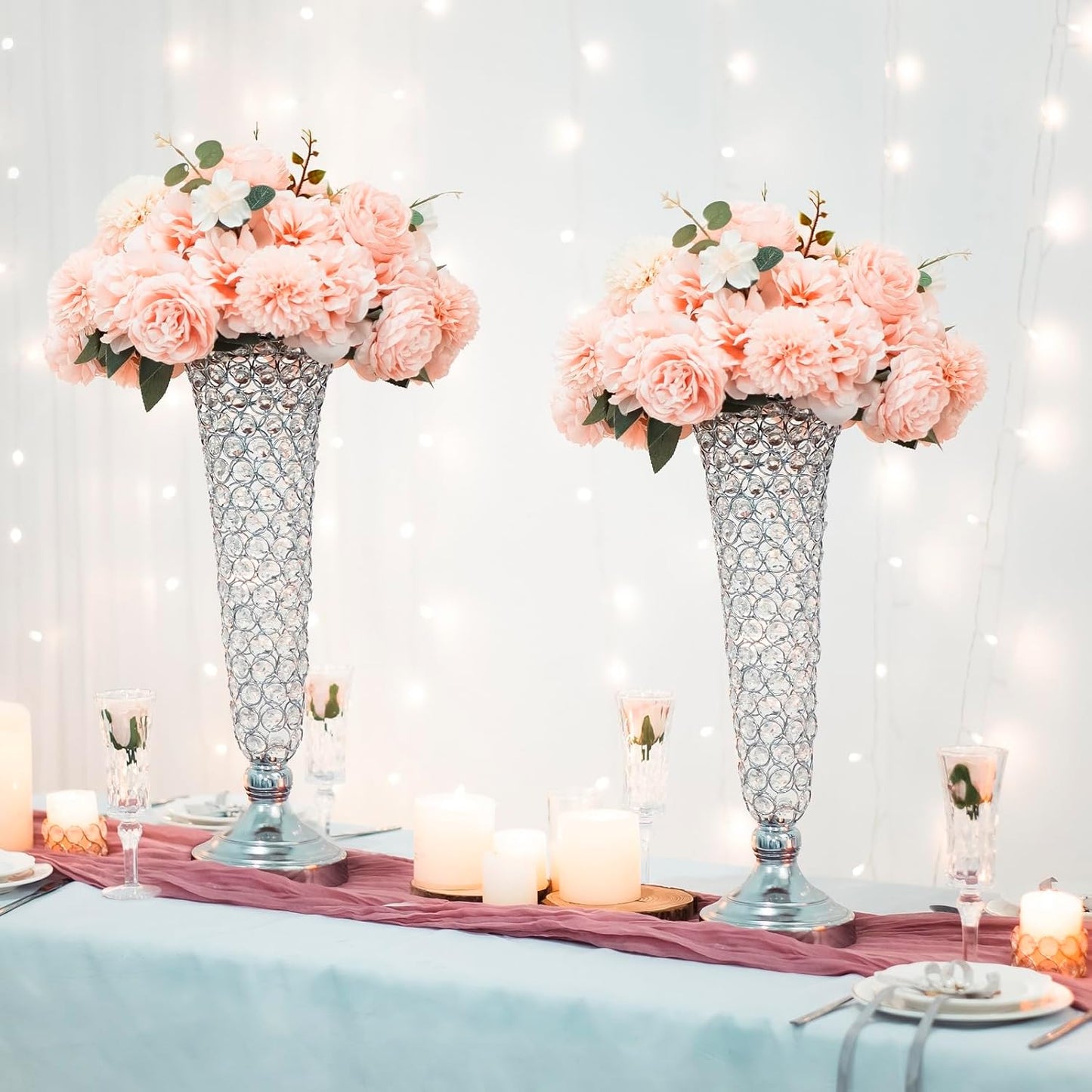 Silver Vases for Centerpieces - Crystal Trumpet Floral Vase, 2Pcs Crystal Vases for Table Centerpieces, 20in Flower Stand for Wedding Party Anniversary Birthday Home Decoration