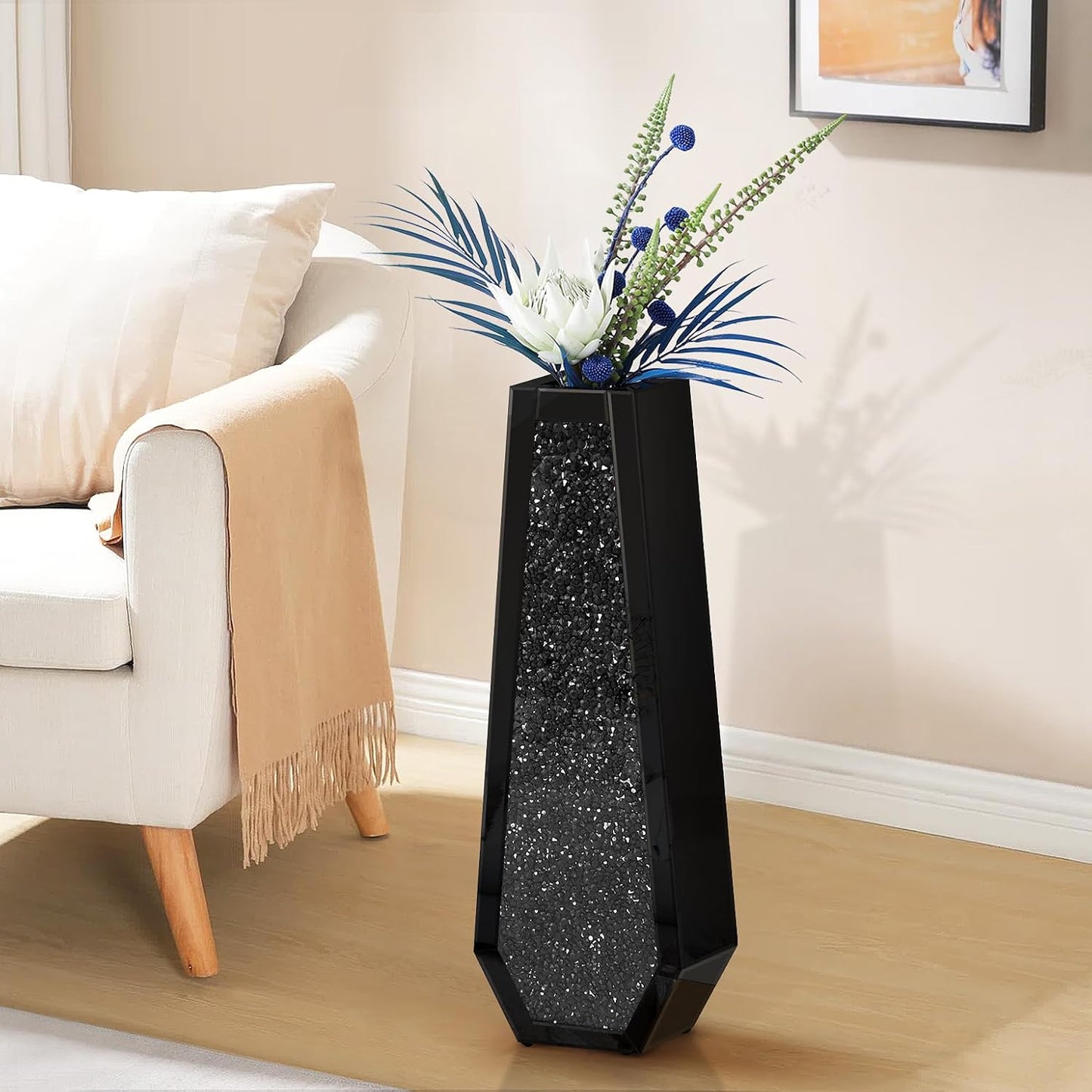 30" Tall Crushed Diamond Floor Vase, Black Large Vases for Decor Living Room, Crystal Mirrored Home Decor Vases for Dried Flower