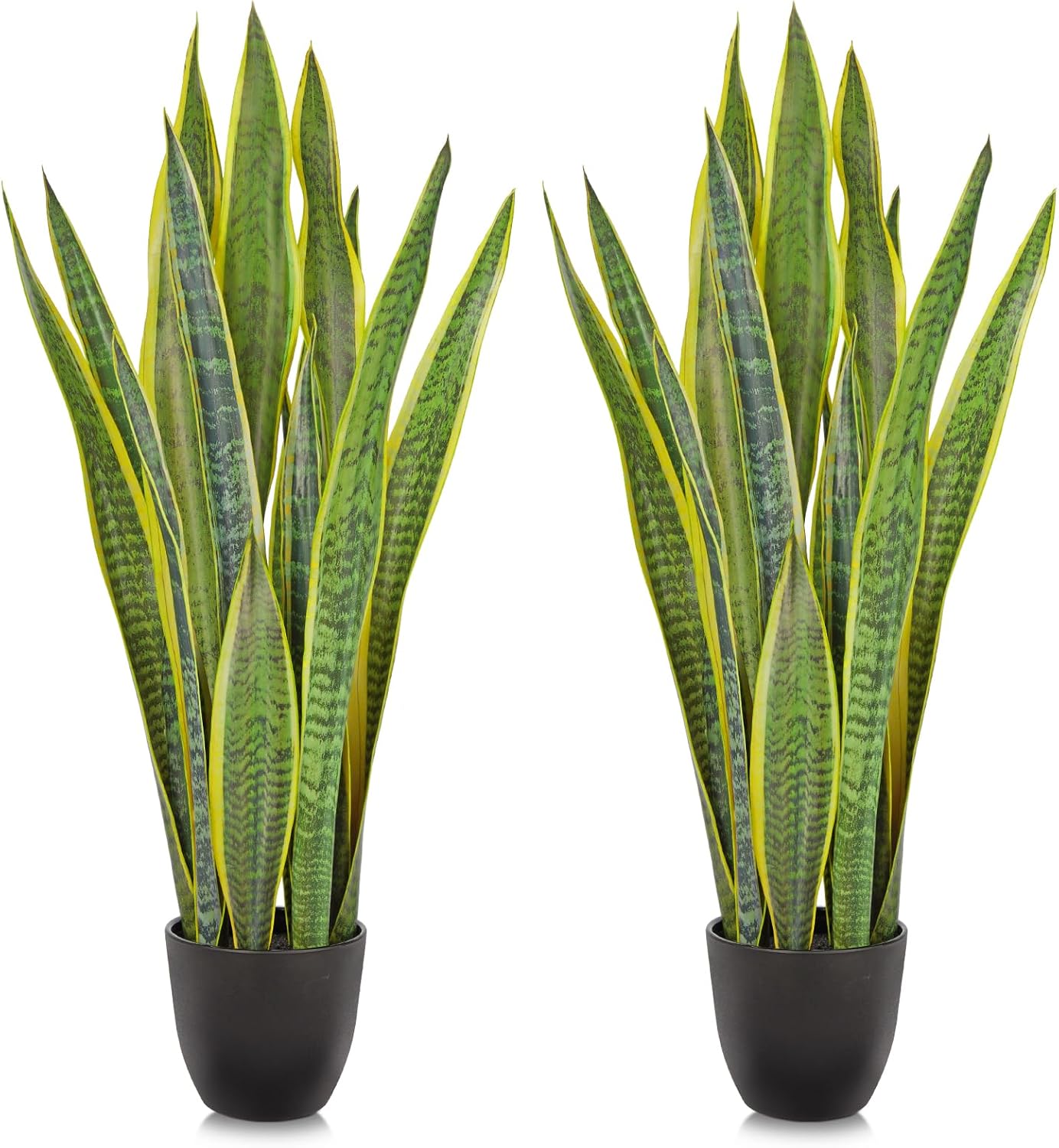 Hollyone 2 Set Artificial Snake Plant Potted, 28 Inch Faux Sansevieria Trifasciata Plants Large Tall Tropical Fake Snake Plant Tree in White Pots for Home Office Room Patio Garden Indoor Outdoor Decor