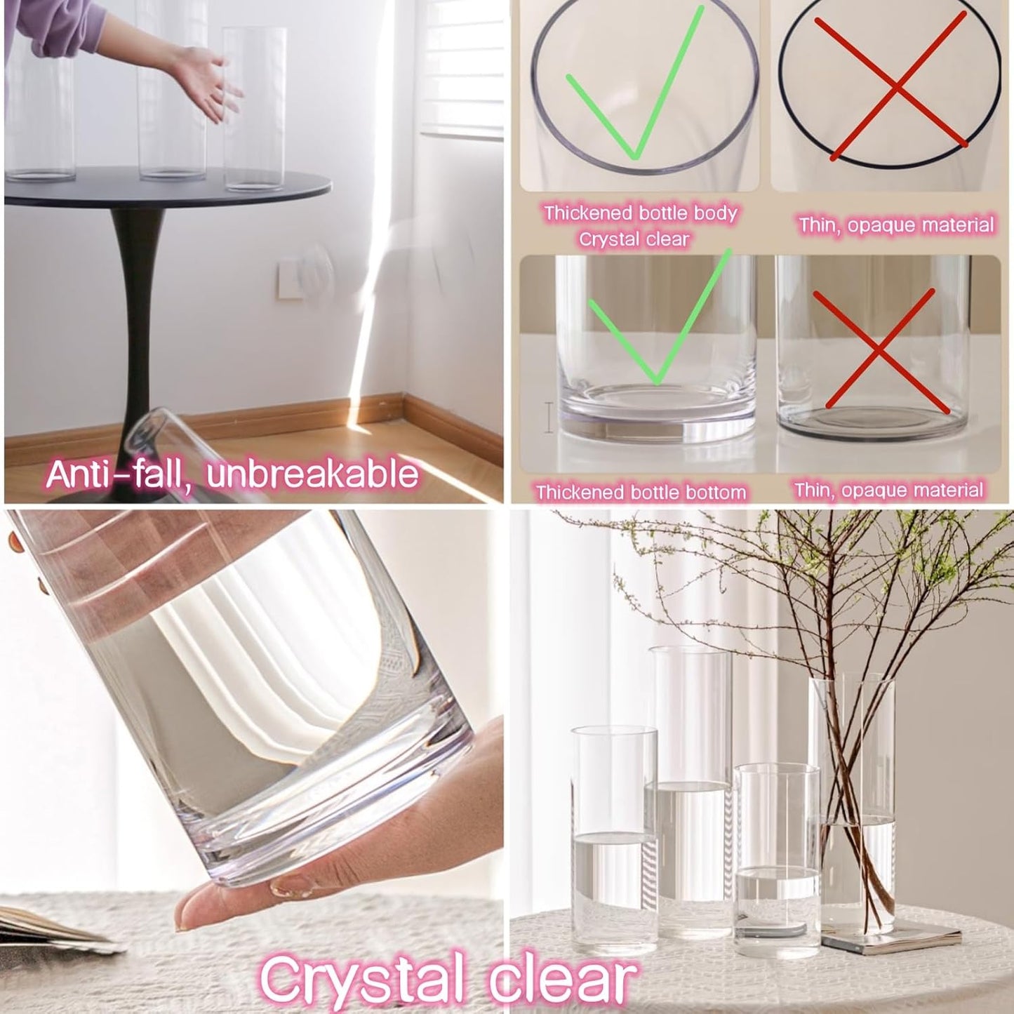 Extra Large Acrylic Cylinder Clear Vase for Floor, 20 in Tall Big Wide Mouth Plastic Unbreakable Hurricane Flower Vases of 3 for Home Decor (D 8", D 6", D 4.8" + 3 Holder)