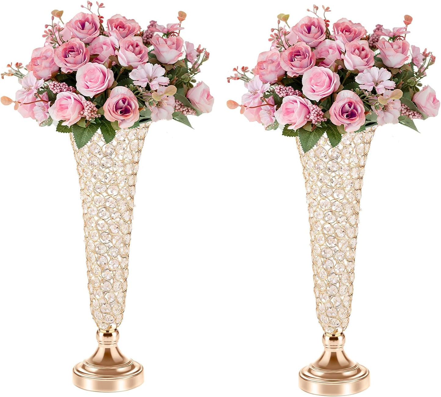 Silver Vases for Centerpieces - Crystal Trumpet Floral Vase, 2Pcs Crystal Vases for Table Centerpieces, 20in Flower Stand for Wedding Party Anniversary Birthday Home Decoration