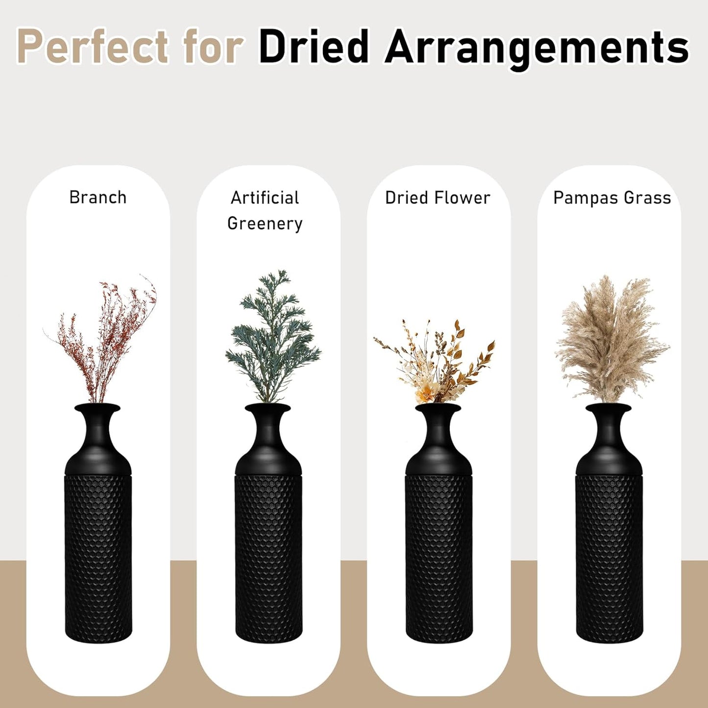 Modern Black Metal Floor Vase Set of 3 (27/20/16 Inch) - Honeycomb Texture Large Tall Standing Vases for Living Room, Bedroom, Entryway & Office Decor
