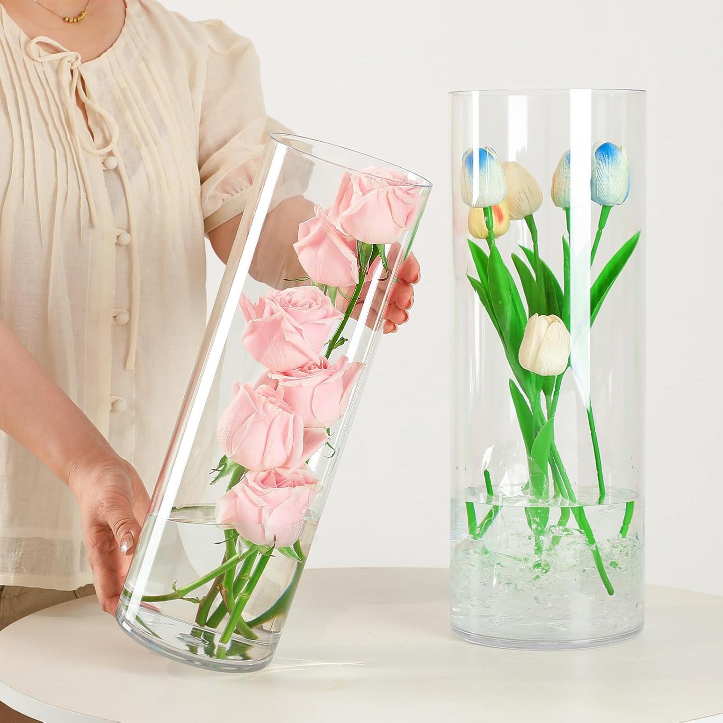 Extra Large Acrylic Cylinder Clear Vase for Floor, 20 in Tall Big Wide Mouth Plastic Unbreakable Hurricane Flower Vases of 3 for Home Decor (D 8", D 6", D 4.8" + 3 Holder)