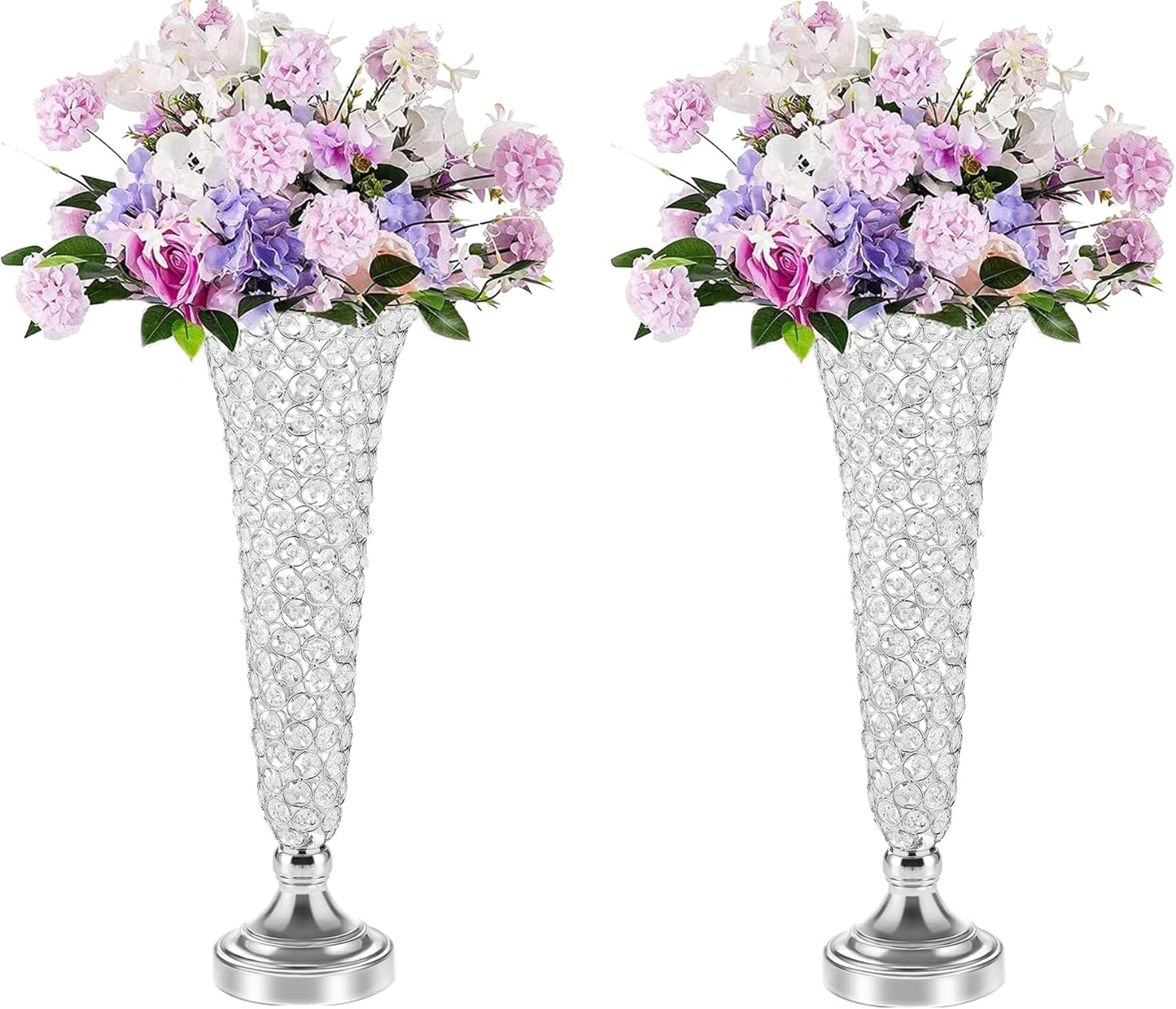 Silver Vases for Centerpieces - Crystal Trumpet Floral Vase, 2Pcs Crystal Vases for Table Centerpieces, 20in Flower Stand for Wedding Party Anniversary Birthday Home Decoration