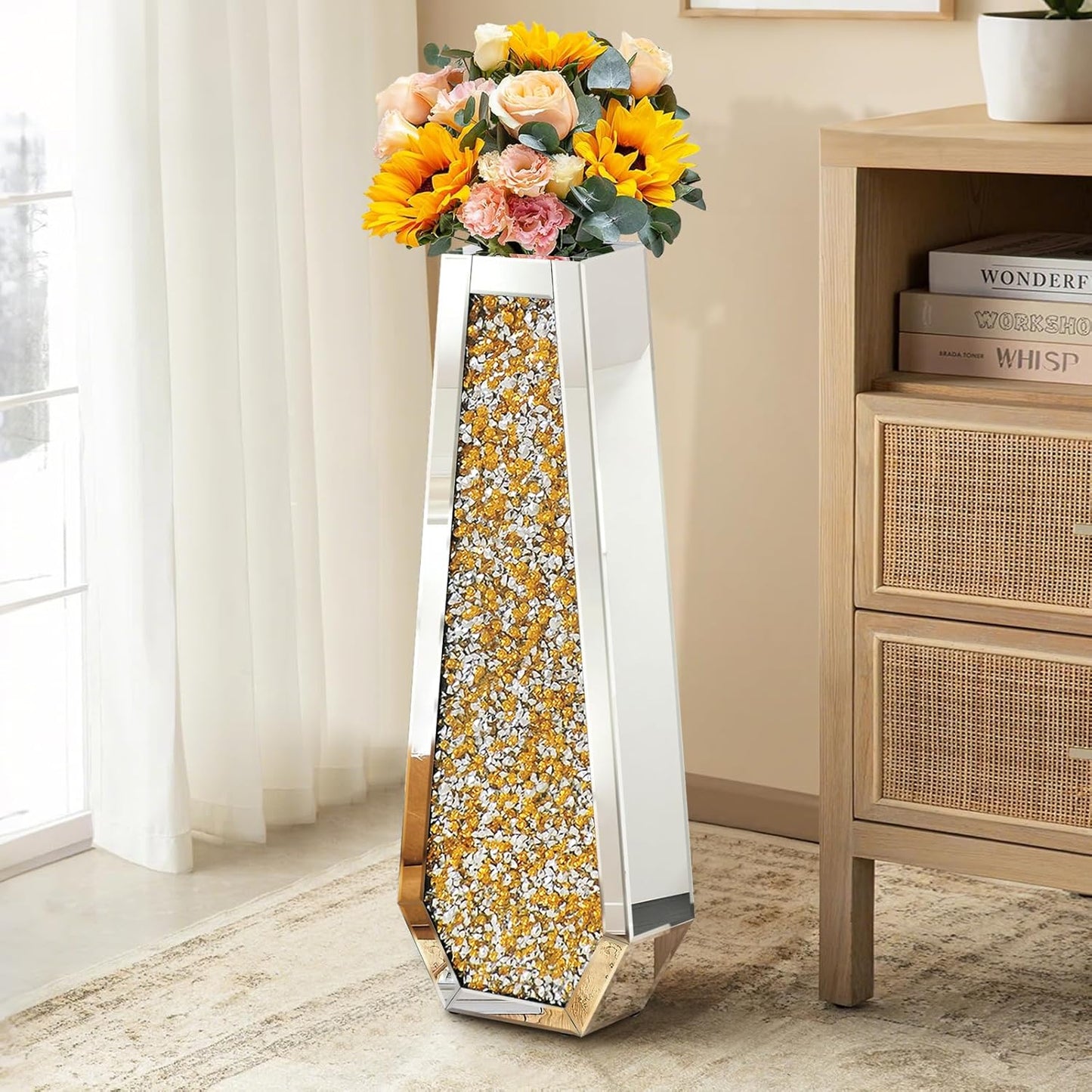 30" Tall Crushed Diamond Floor Vase, Black Large Vases for Decor Living Room, Crystal Mirrored Home Decor Vases for Dried Flower