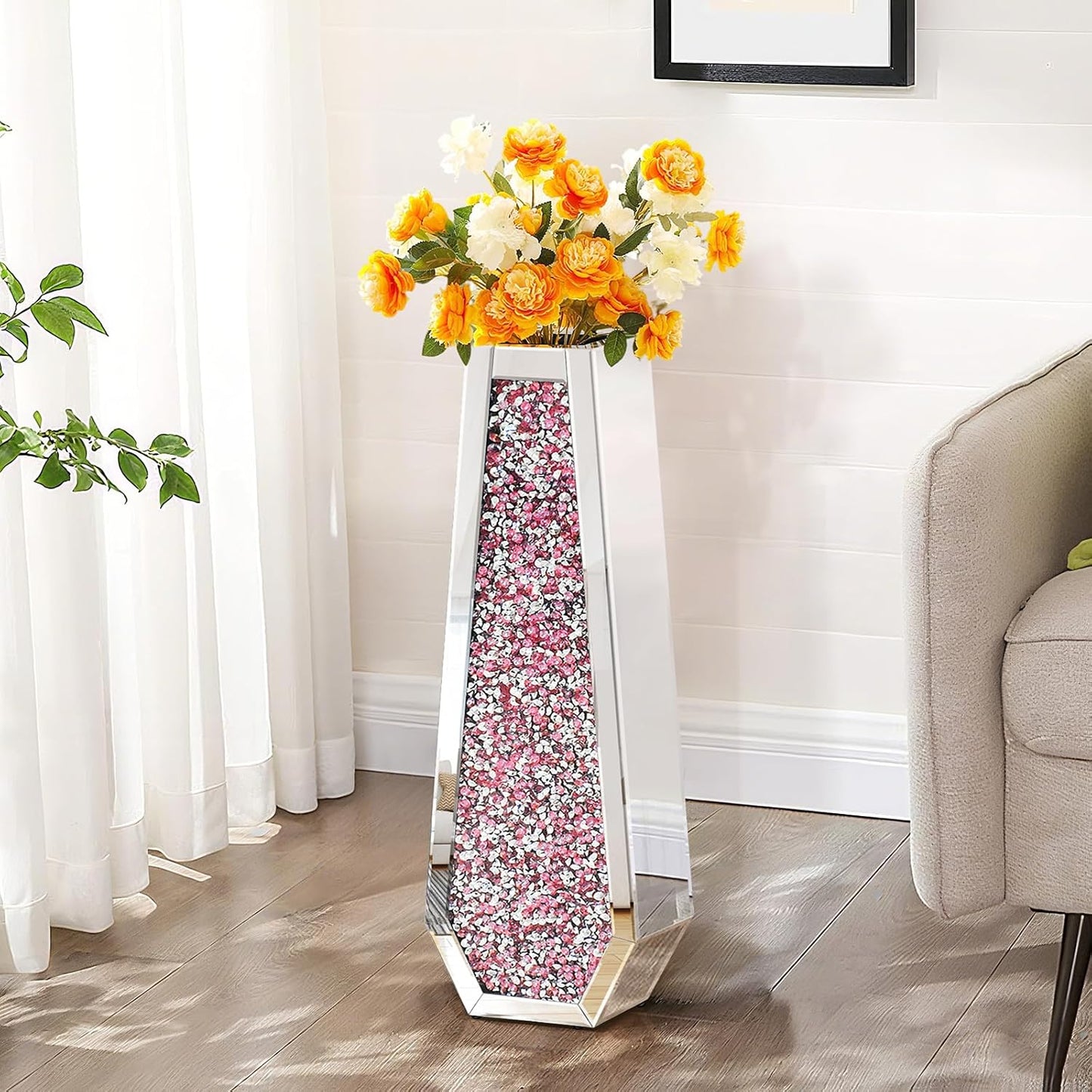 30" Tall Crushed Diamond Floor Vase, Black Large Vases for Decor Living Room, Crystal Mirrored Home Decor Vases for Dried Flower