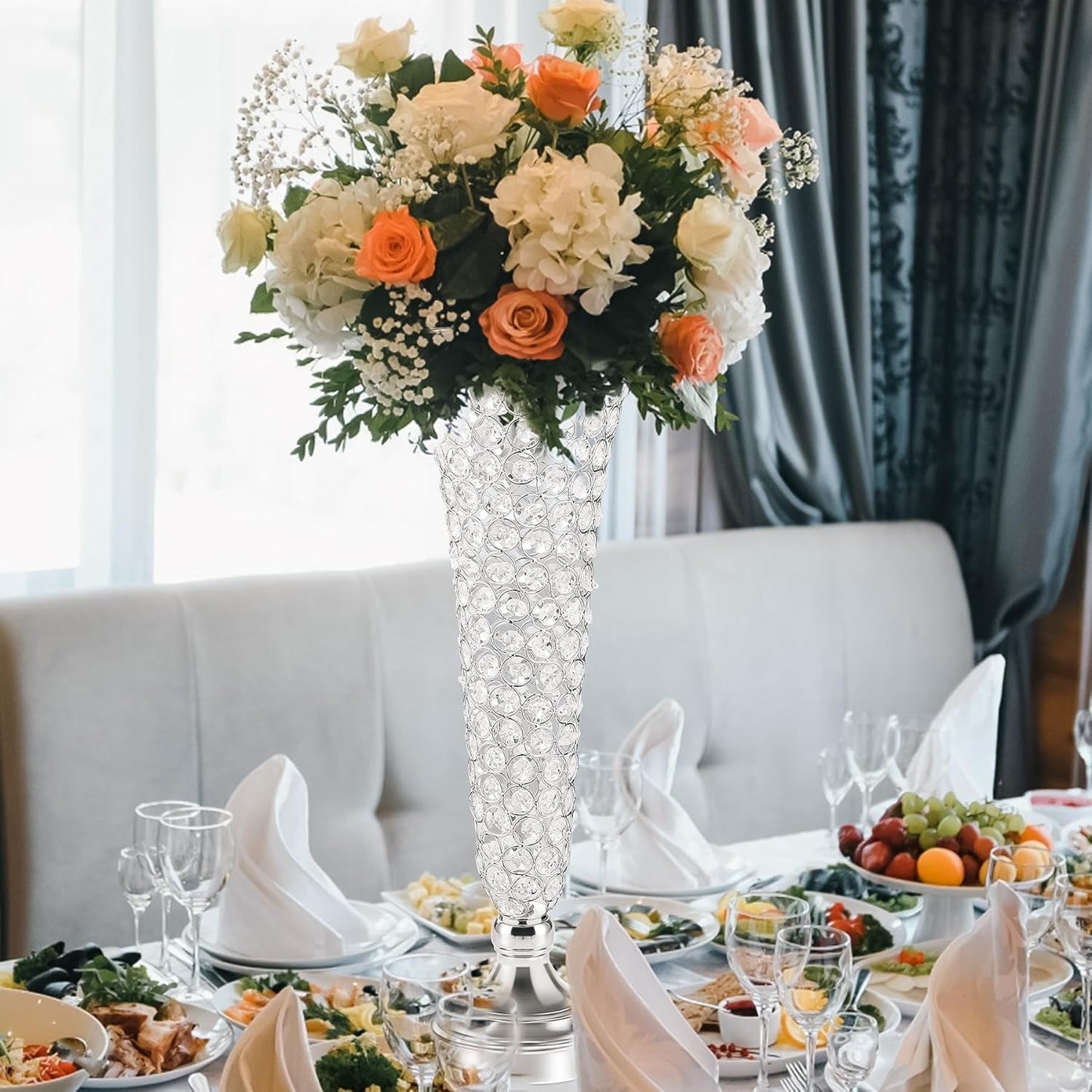 Silver Vases for Centerpieces - Crystal Trumpet Floral Vase, 2Pcs Crystal Vases for Table Centerpieces, 20in Flower Stand for Wedding Party Anniversary Birthday Home Decoration
