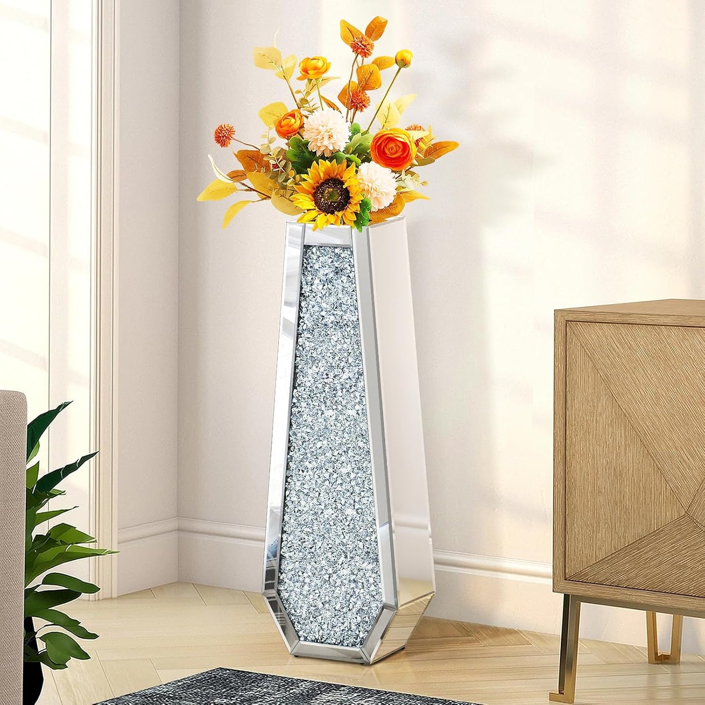 30" Tall Crushed Diamond Floor Vase, Black Large Vases for Decor Living Room, Crystal Mirrored Home Decor Vases for Dried Flower