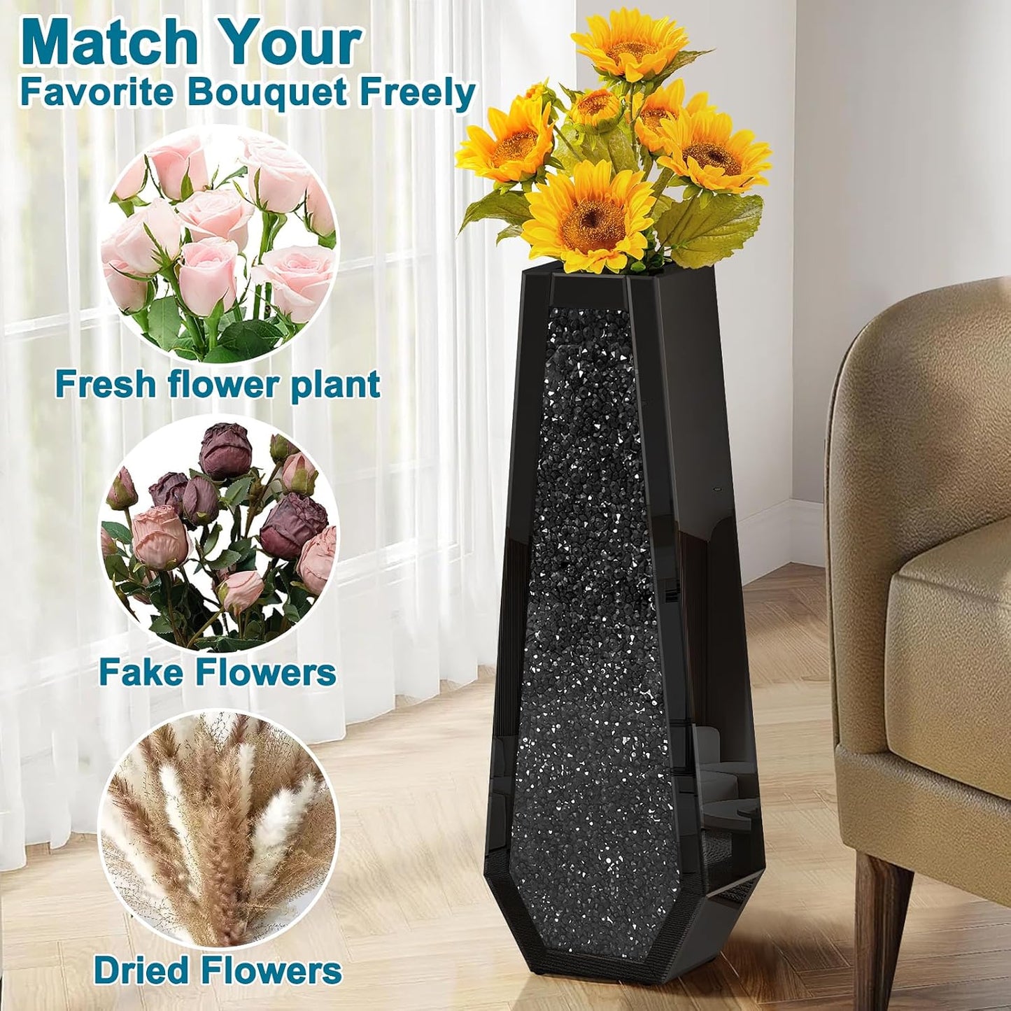 30" Tall Crushed Diamond Floor Vase, Black Large Vases for Decor Living Room, Crystal Mirrored Home Decor Vases for Dried Flower