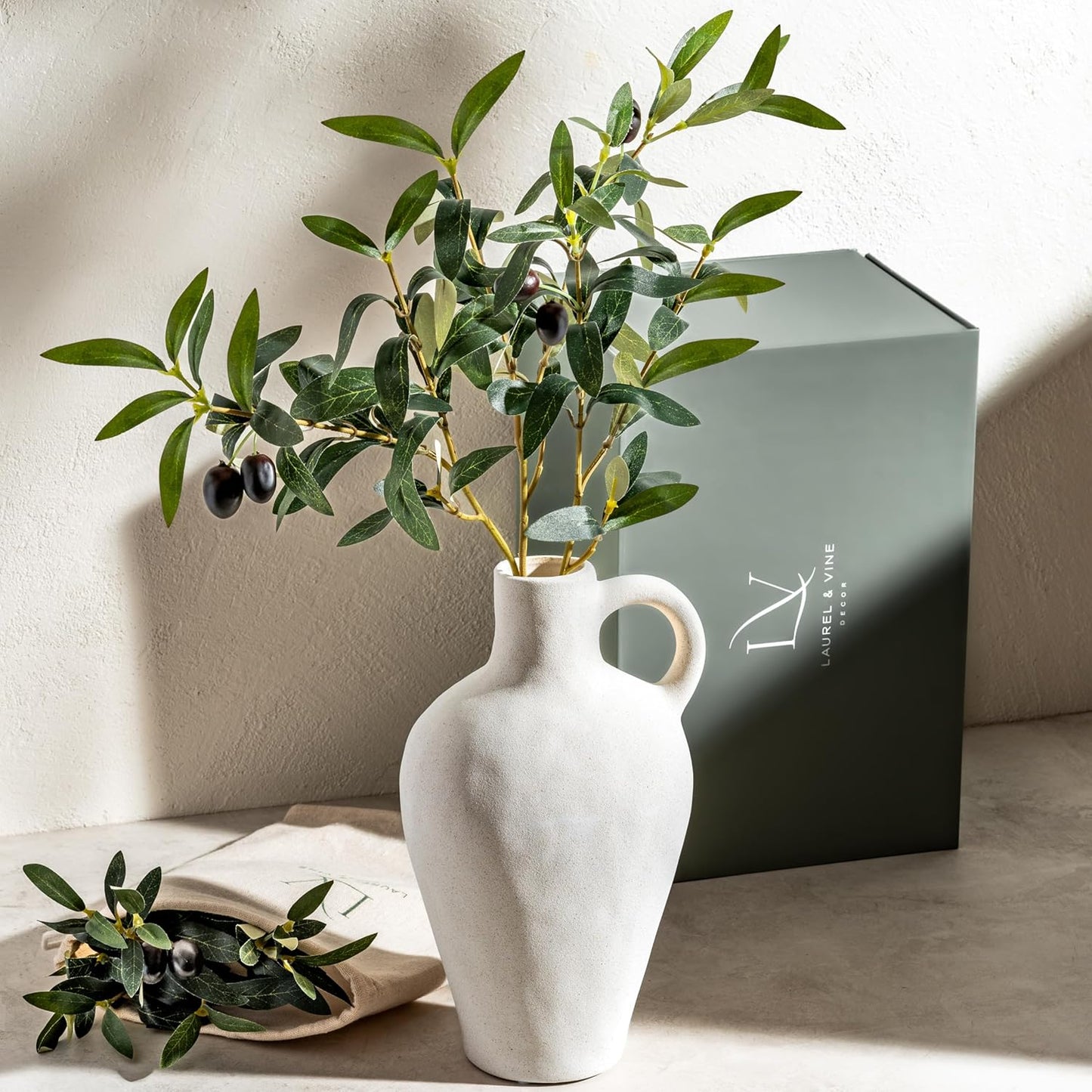 Luxurious Gift Set Textured Ceramic Vase 10 Inch with Olive Branches 22 Inch Tall Black Medium Vase Artificial Topiaries Fake Plants, Minimalist Shelf Decor, Neutral Home Office High End Gifting Decor