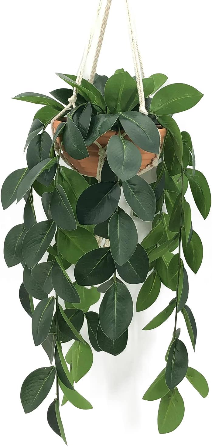 Hanging Plants Artificial Decor, Fake Hanging Plant in Clay Pot Artificial Hanging Plants with Fake Leaves and Hook for Wall Home Room Indoor Outdoor Décor (Dark Green)