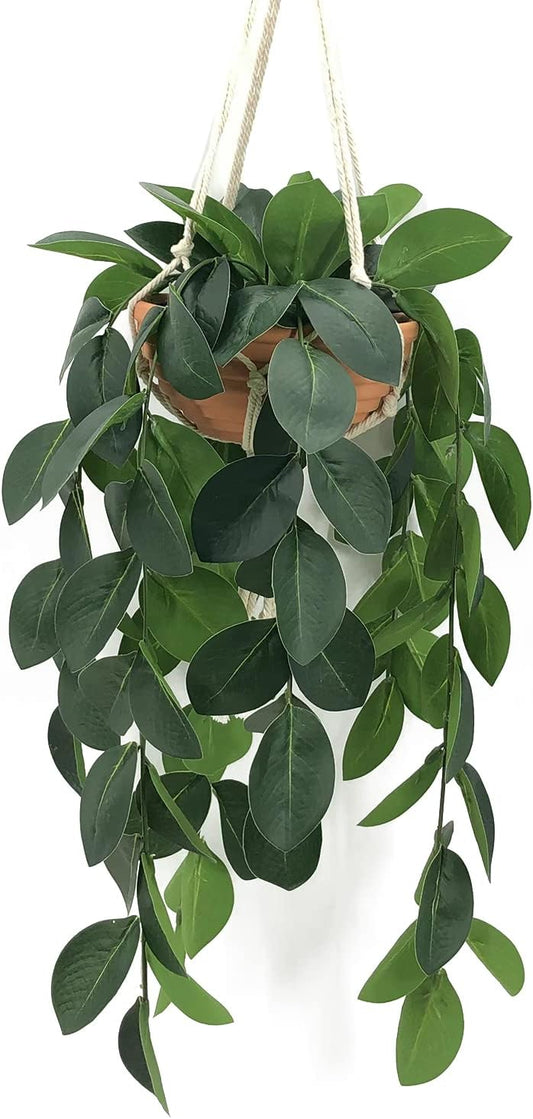 Hanging Plants Artificial Decor, Fake Hanging Plant in Clay Pot Artificial Hanging Plants with Fake Leaves and Hook for Wall Home Room Indoor Outdoor Décor (Dark Green)