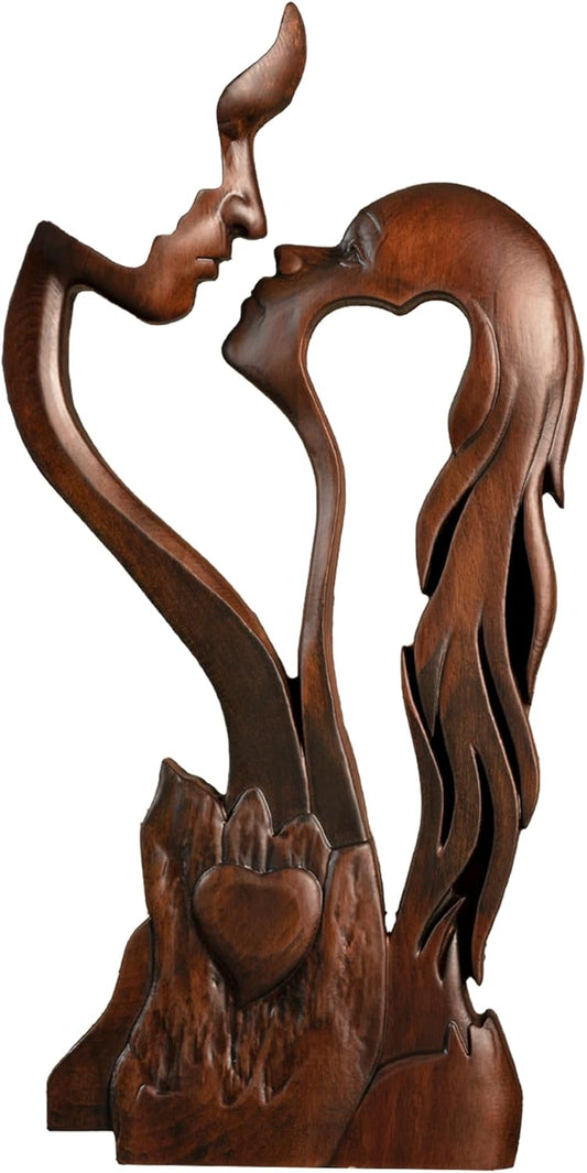 Wooden Kissing Couple Ornament, Abstract Couple Portrait Sculpture Romantic Love Statue Decor Gift for Women Anniversary Valentine Wedding - 10 Inch