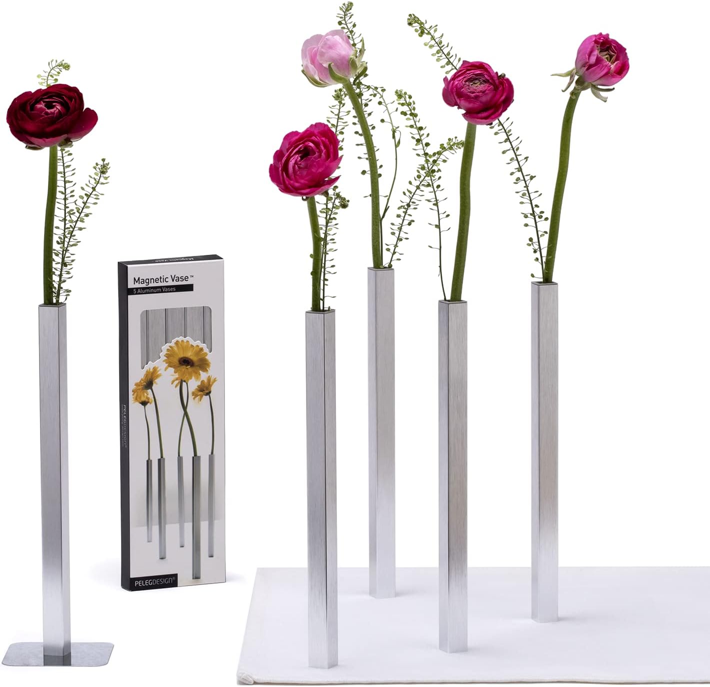 PELEG DESIGN Magnetic Flower Vase - Unique and Modern Set of 5 Gold Aluminum Vases for Home Garden Décor | 9.4 x 0.6 x 0.6 inches | Suitable for Both Real and Artificial Flowers
