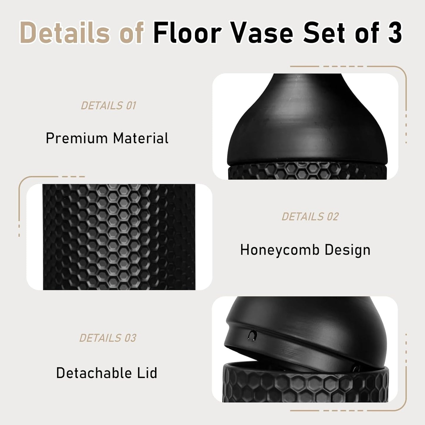 Modern Black Metal Floor Vase Set of 3 (27/20/16 Inch) - Honeycomb Texture Large Tall Standing Vases for Living Room, Bedroom, Entryway & Office Decor