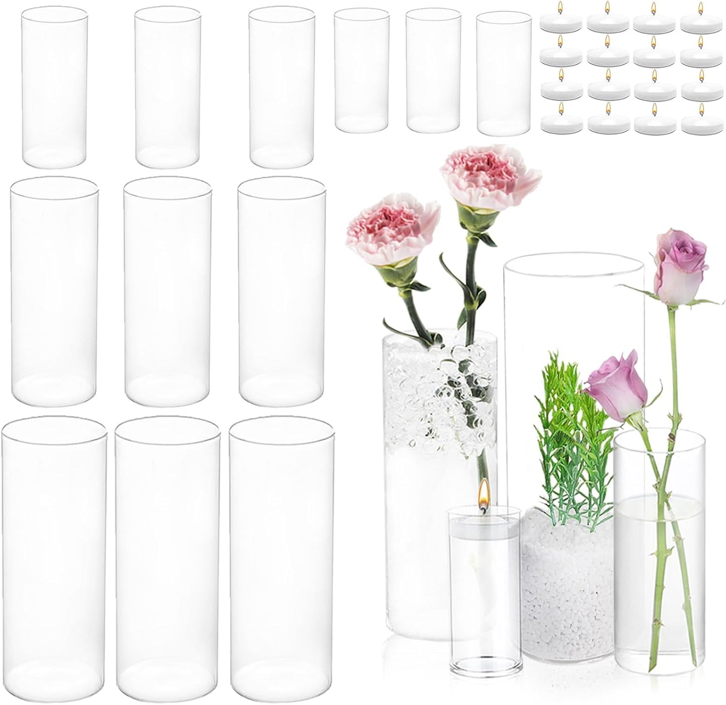 UDU Set of 16 Cylinder Glass Vases and 24 Pcs Floating Candles for Centerpiece, 4,6,8,10 Inch Tall Clear Hurricane Candle Holder Glass Vases for Centerpiece Table Wedding Home Decor