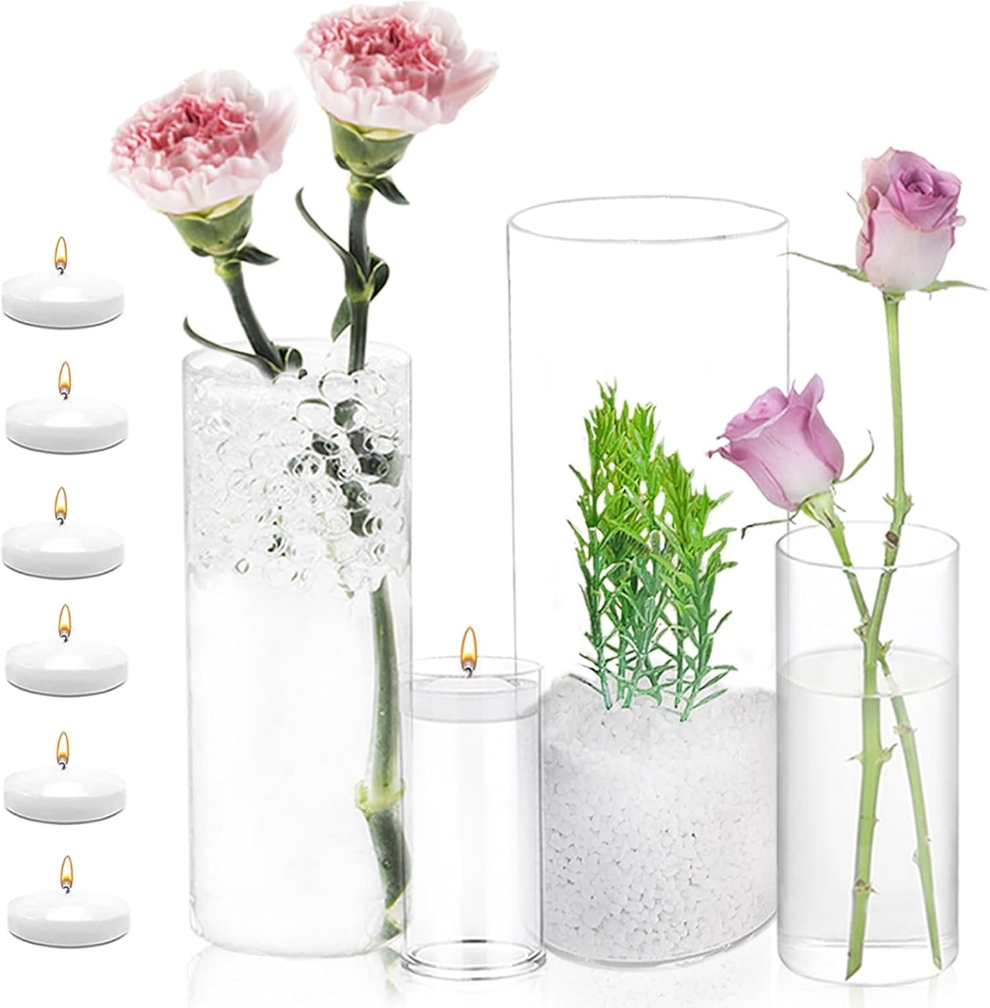 UDU Set of 16 Cylinder Glass Vases and 24 Pcs Floating Candles for Centerpiece, 4,6,8,10 Inch Tall Clear Hurricane Candle Holder Glass Vases for Centerpiece Table Wedding Home Decor