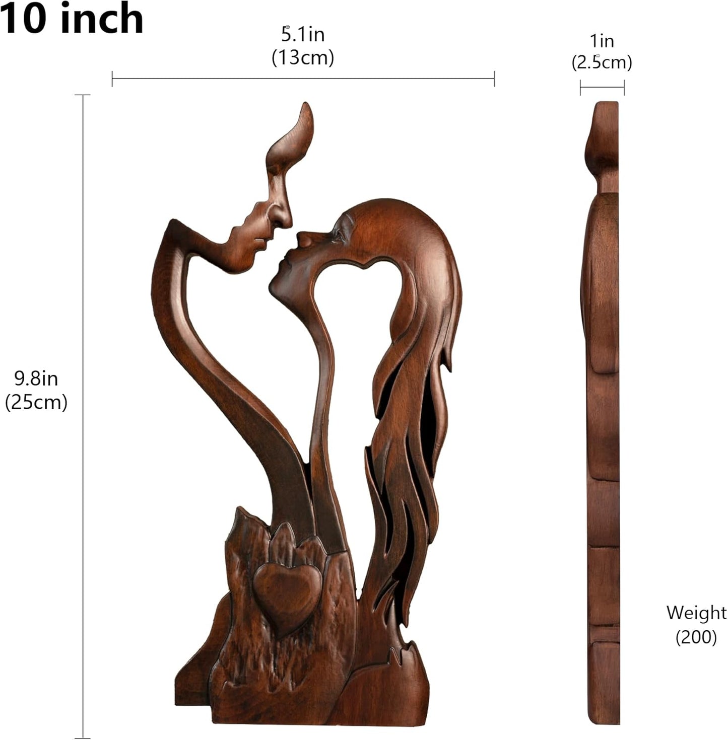 Wooden Kissing Couple Ornament, Abstract Couple Portrait Sculpture Romantic Love Statue Decor Gift for Women Anniversary Valentine Wedding - 10 Inch