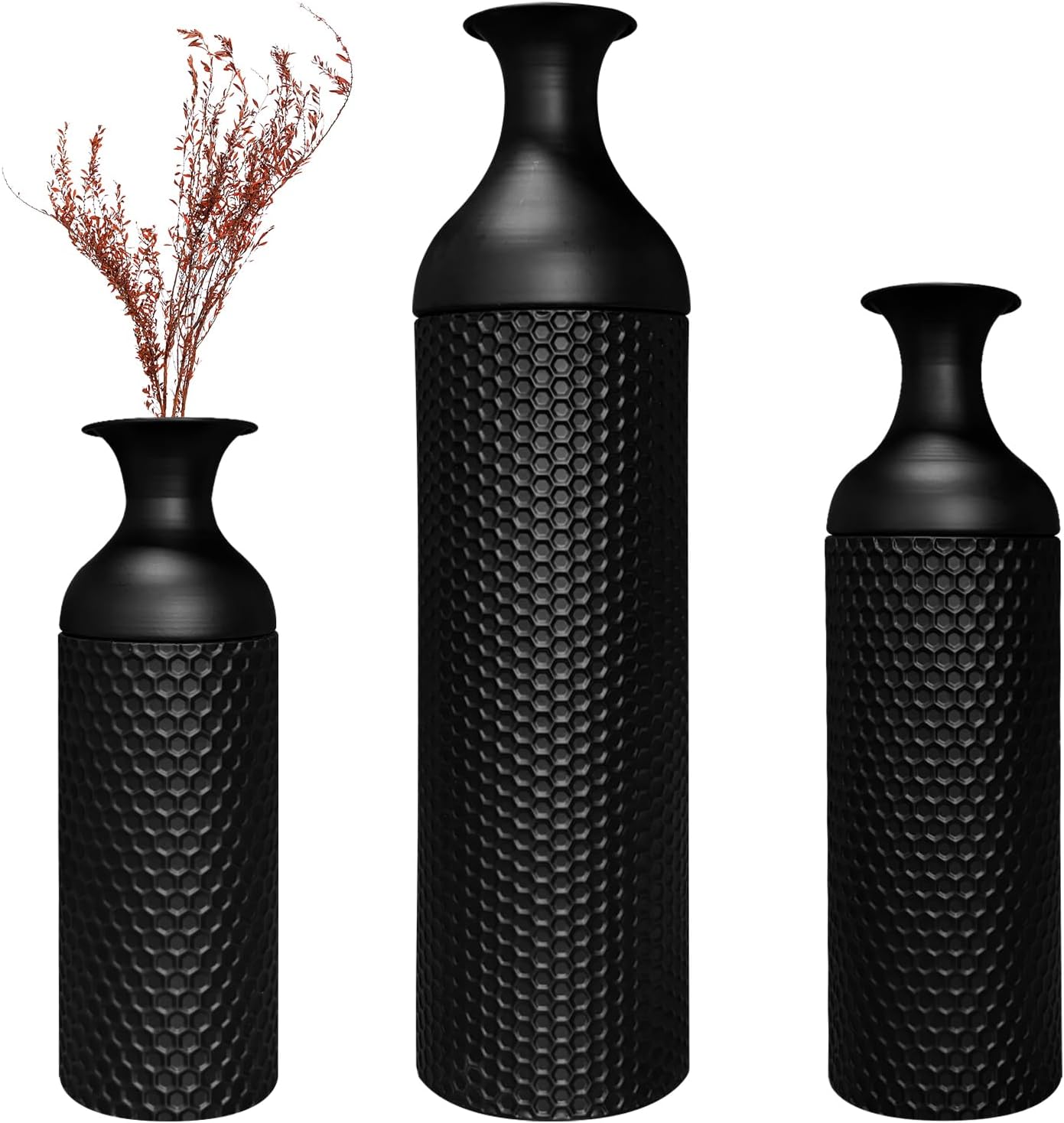 Modern Black Metal Floor Vase Set of 3 (27/20/16 Inch) - Honeycomb Texture Large Tall Standing Vases for Living Room, Bedroom, Entryway & Office Decor