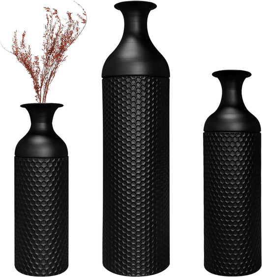 Modern Black Metal Floor Vase Set of 3 (27/20/16 Inch) - Honeycomb Texture Large Tall Standing Vases for Living Room, Bedroom, Entryway & Office Decor