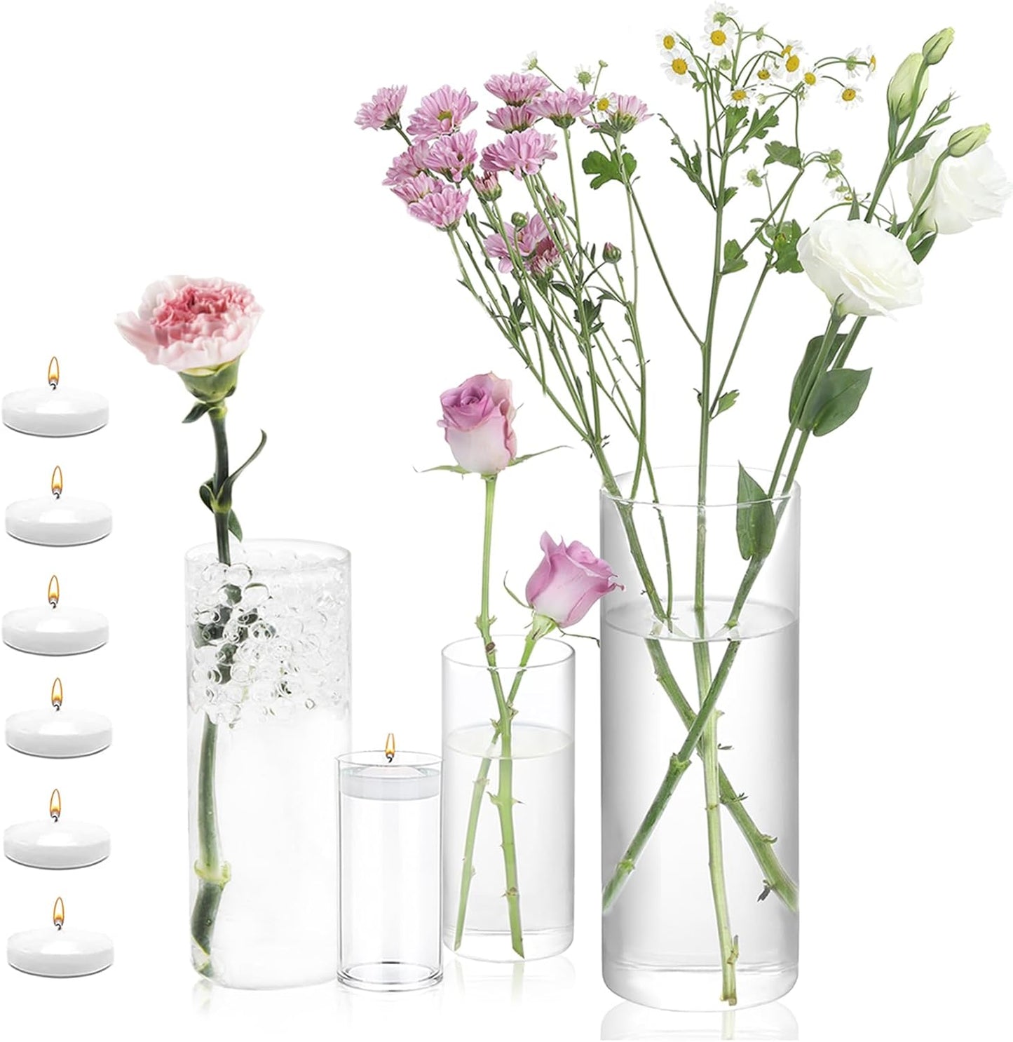 UDU Set of 16 Cylinder Glass Vases and 24 Pcs Floating Candles for Centerpiece, 4,6,8,10 Inch Tall Clear Hurricane Candle Holder Glass Vases for Centerpiece Table Wedding Home Decor