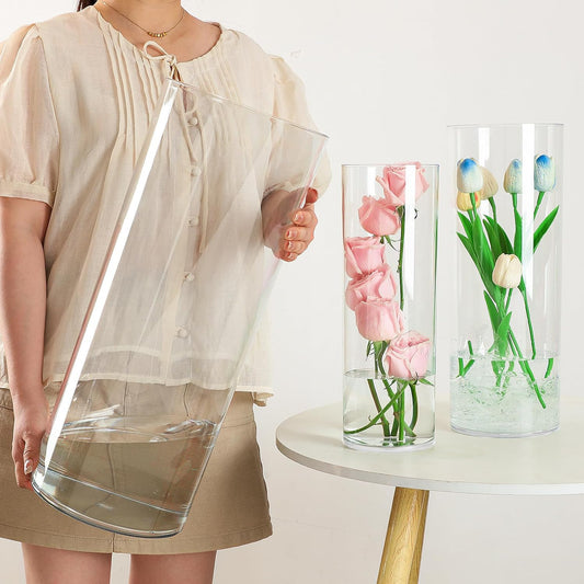 Extra Large Acrylic Cylinder Clear Vase for Floor, 20 in Tall Big Wide Mouth Plastic Unbreakable Hurricane Flower Vases of 3 for Home Decor (D 8", D 6", D 4.8" + 3 Holder)