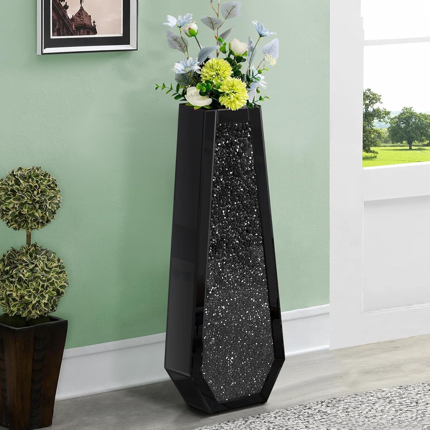 30" Tall Crushed Diamond Floor Vase, Black Large Vases for Decor Living Room, Crystal Mirrored Home Decor Vases for Dried Flower
