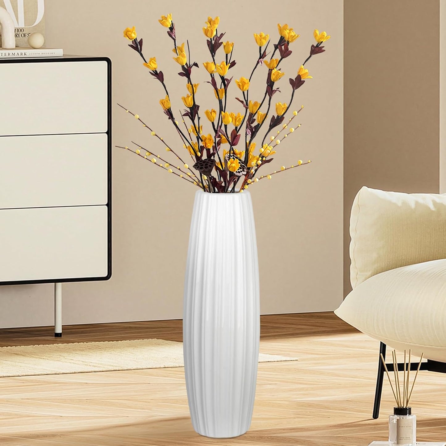 White Tall Floor Vase, 24" Ceramic Large Vase, Decorative Flower Vases for Modern Home Decor Living Room Office Bedroom Kitchen Wedding Centerpieces Farmhouse Décor
