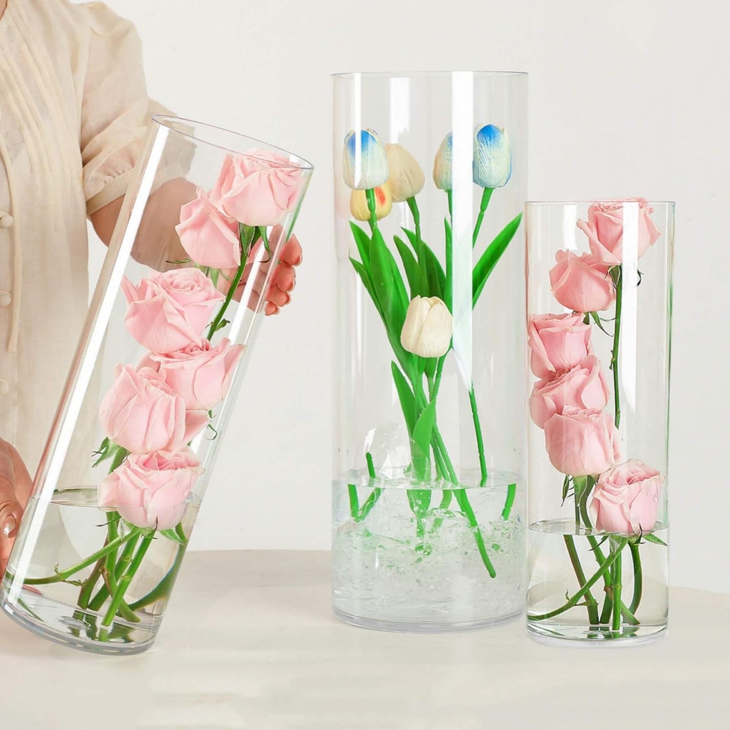 Extra Large Acrylic Cylinder Clear Vase for Floor, 20 in Tall Big Wide Mouth Plastic Unbreakable Hurricane Flower Vases of 3 for Home Decor (D 8", D 6", D 4.8" + 3 Holder)