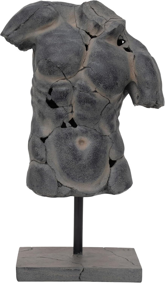 Sagebrook Home Modern Cracked Male Torso Sculpture Resin Statue with Textured Black Finish Artistic Home Decor for Living Room, Office, or Entryway 15x9x25