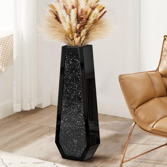 30" Tall Crushed Diamond Floor Vase, Black Large Vases for Decor Living Room, Crystal Mirrored Home Decor Vases for Dried Flower