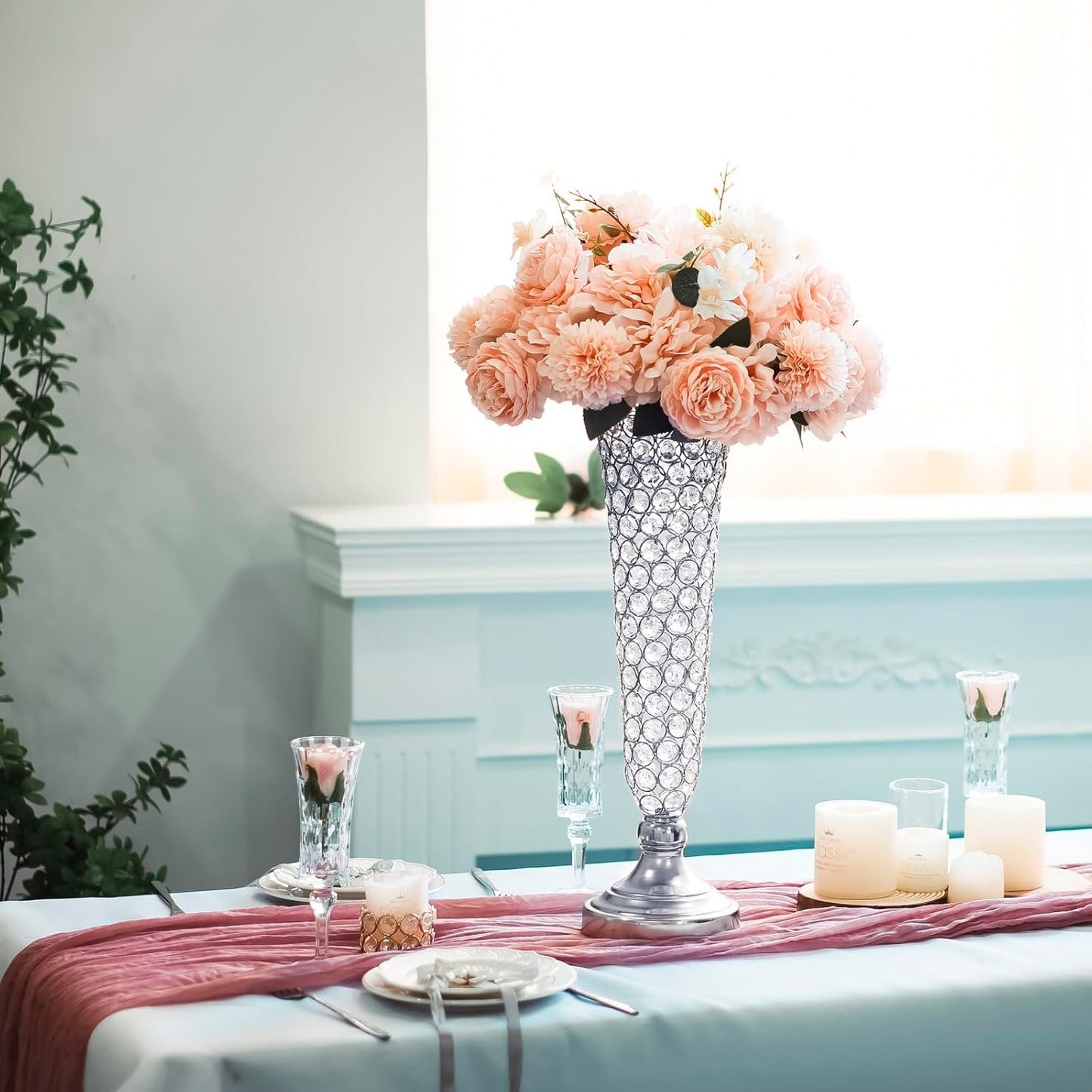 Silver Vases for Centerpieces - Crystal Trumpet Floral Vase, 2Pcs Crystal Vases for Table Centerpieces, 20in Flower Stand for Wedding Party Anniversary Birthday Home Decoration