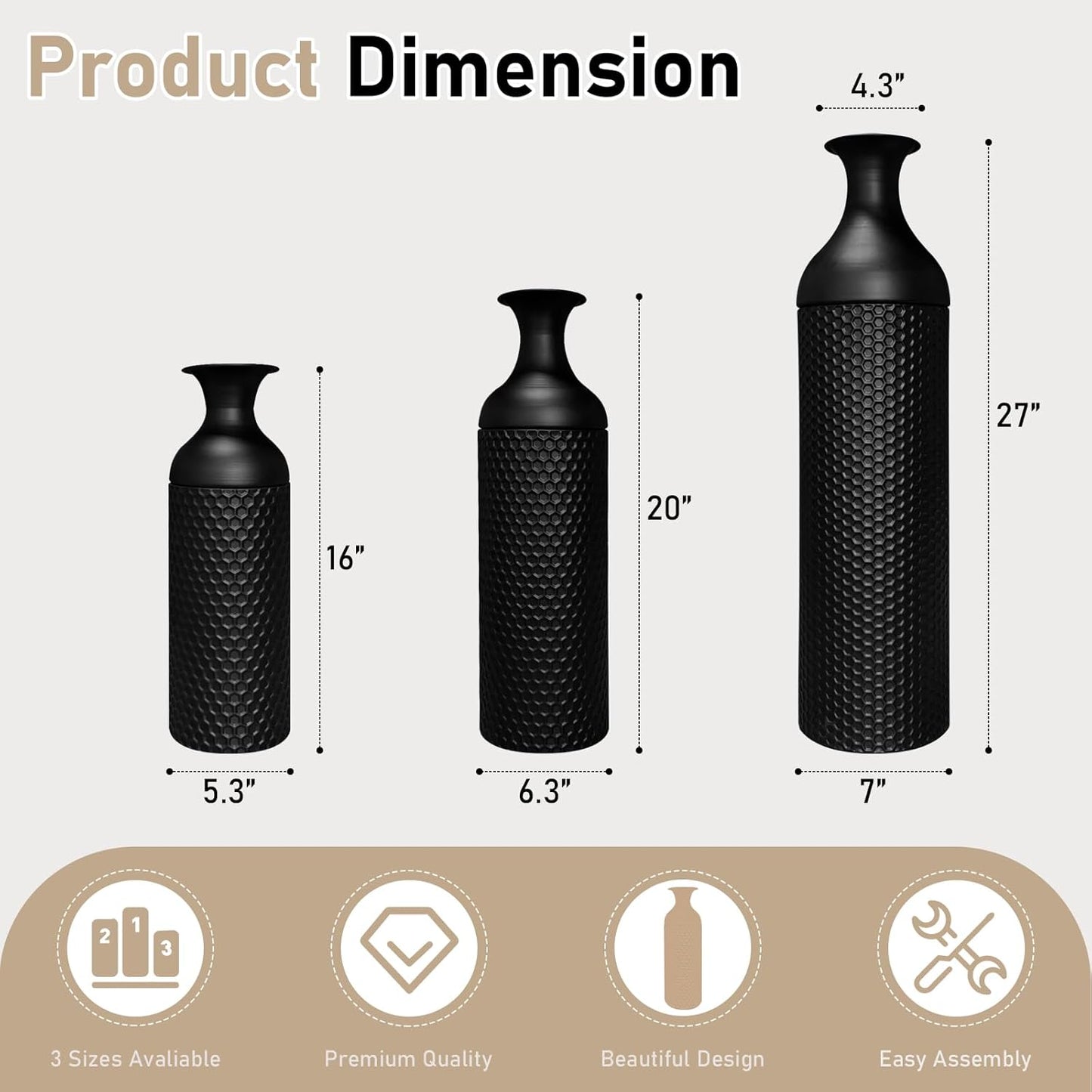 Modern Black Metal Floor Vase Set of 3 (27/20/16 Inch) - Honeycomb Texture Large Tall Standing Vases for Living Room, Bedroom, Entryway & Office Decor