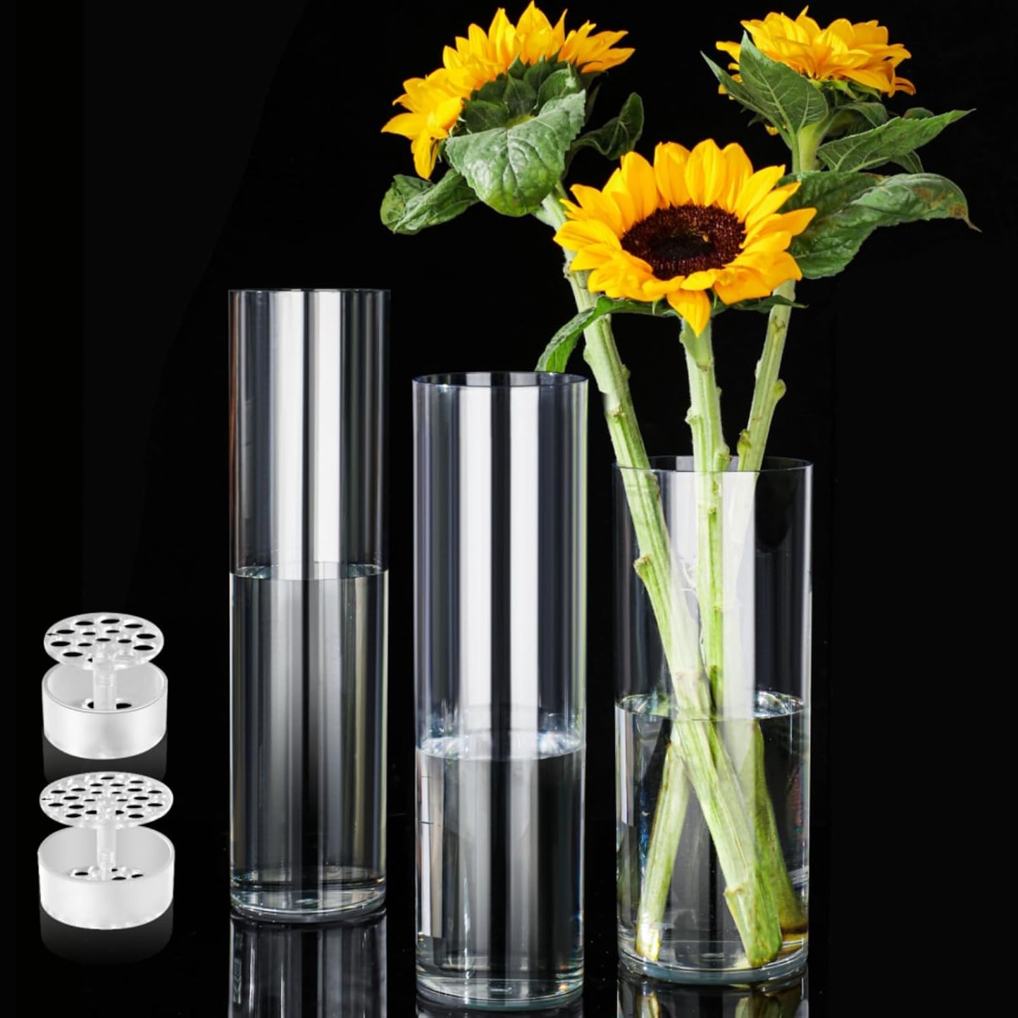 Extra Large Acrylic Cylinder Clear Vase for Floor, 20 in Tall Big Wide Mouth Plastic Unbreakable Hurricane Flower Vases of 3 for Home Decor (D 8", D 6", D 4.8" + 3 Holder)