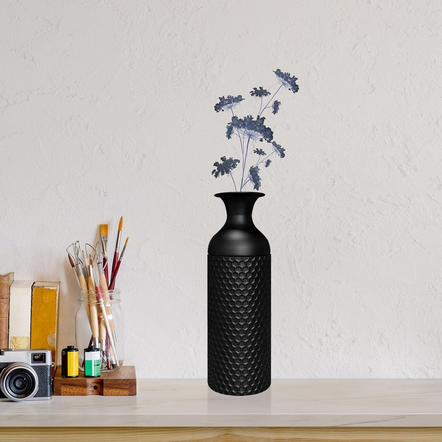 Modern Black Metal Floor Vase Set of 3 (27/20/16 Inch) - Honeycomb Texture Large Tall Standing Vases for Living Room, Bedroom, Entryway & Office Decor