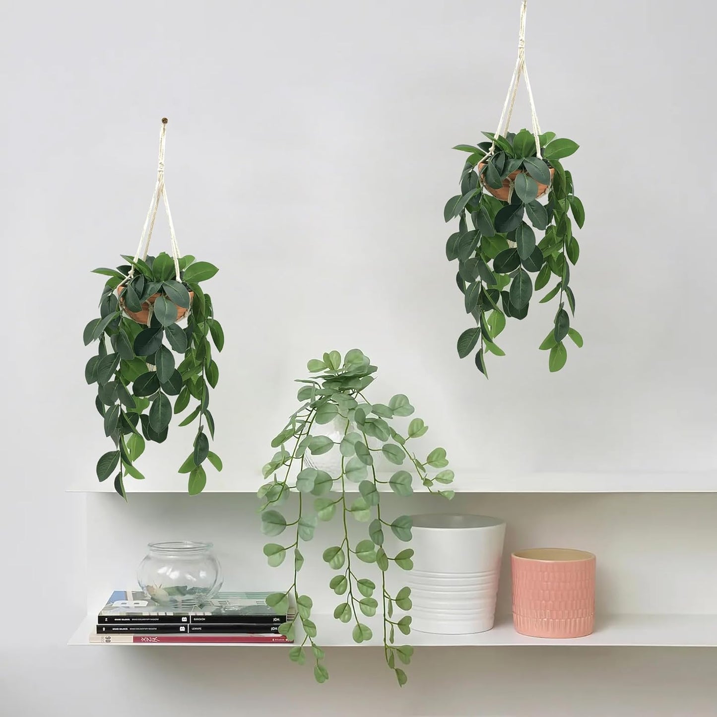 Hanging Plants Artificial Decor, Fake Hanging Plant in Clay Pot Artificial Hanging Plants with Fake Leaves and Hook for Wall Home Room Indoor Outdoor Décor (Dark Green)