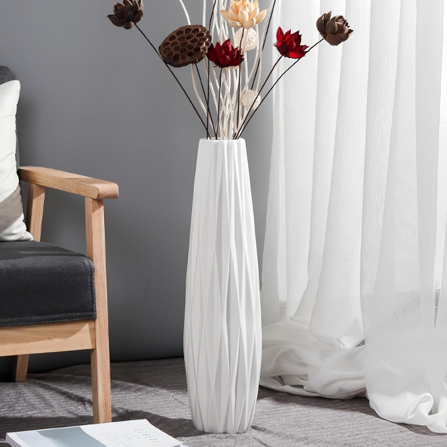 White Tall Floor Vase, 24" Ceramic Large Vase, Decorative Flower Vases for Modern Home Decor Living Room Office Bedroom Kitchen Wedding Centerpieces Farmhouse Décor