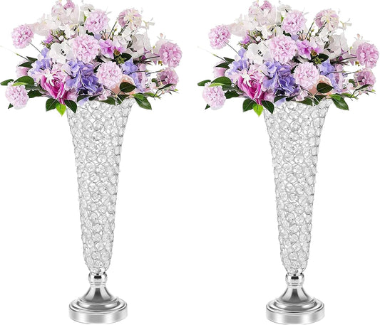 Silver Vases for Centerpieces - Crystal Trumpet Floral Vase, 2Pcs Crystal Vases for Table Centerpieces, 20in Flower Stand for Wedding Party Anniversary Birthday Home Decoration