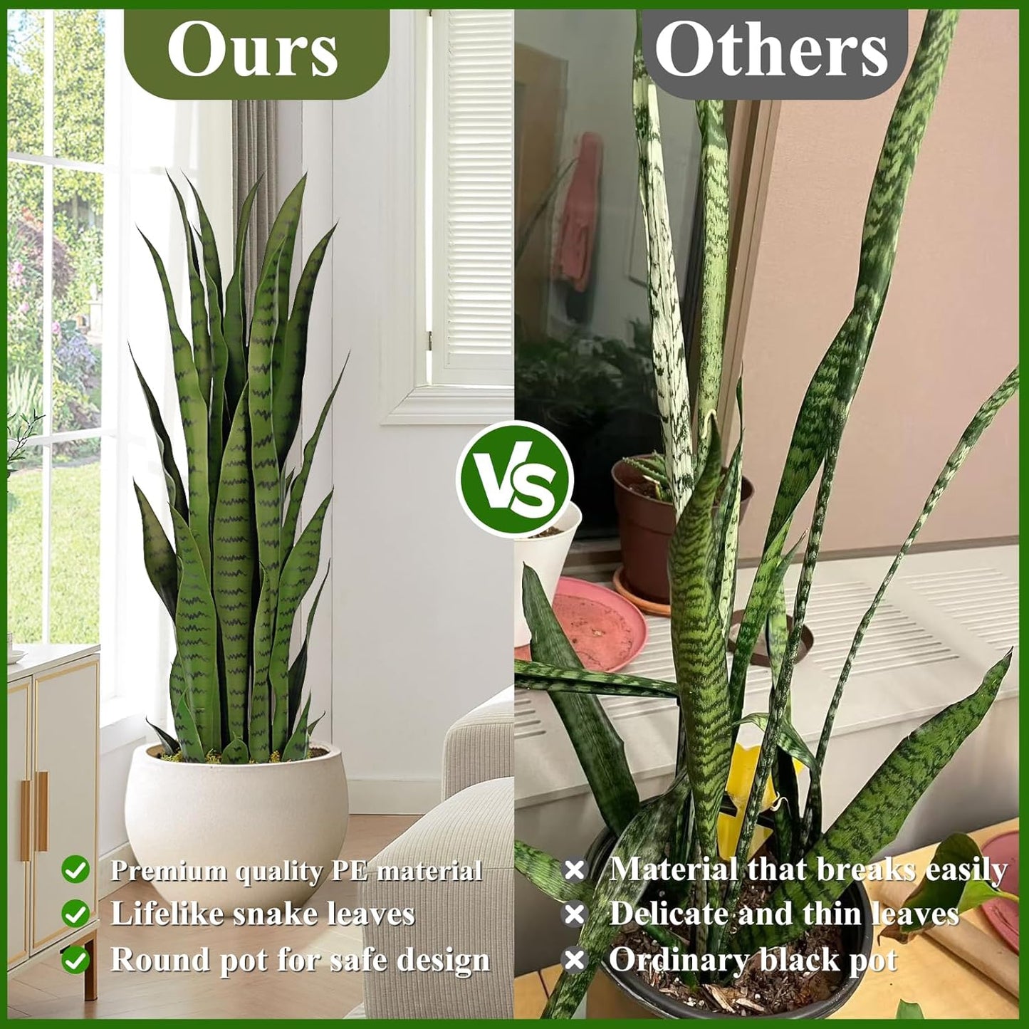 3ft Artificial Snake Plant – 36in Faux Sansevieria Plants, Fake Floor Plant for Indoor Outdoor, Front Porch Patio Home Office Decor, Mother-in-Law’s Tongue, Green 1Pcs