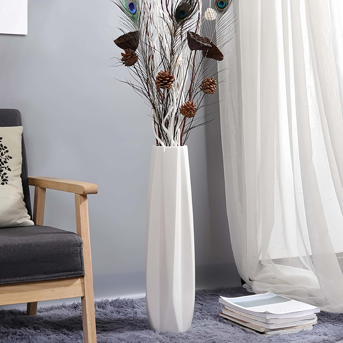 White Tall Floor Vase, 24" Ceramic Large Vase, Decorative Flower Vases for Modern Home Decor Living Room Office Bedroom Kitchen Wedding Centerpieces Farmhouse Décor