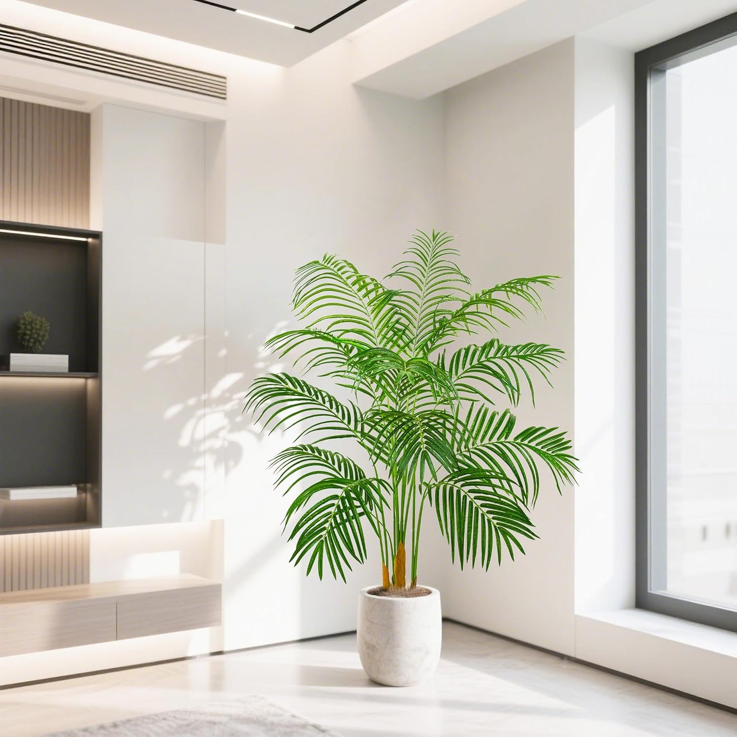 Artificial Fake Palm Tree 4FT Tropical Faux Palm Trees in Pot with 13 Trunks and Real Bark Design Areca Floor Plant Faux Palm Plant for Indoor Outdoor Home Decor