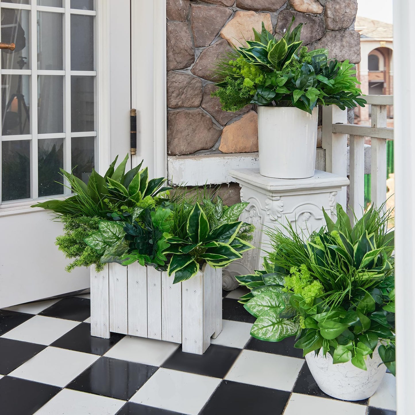 18Pcs Outdoor Artificial Boxwood UV Resistant Fake Stems Plants, Faux Plastic Greenery for Indoor Outside Hanging Plants Garden Porch Window Box Home Wedding Farmhouse Décor