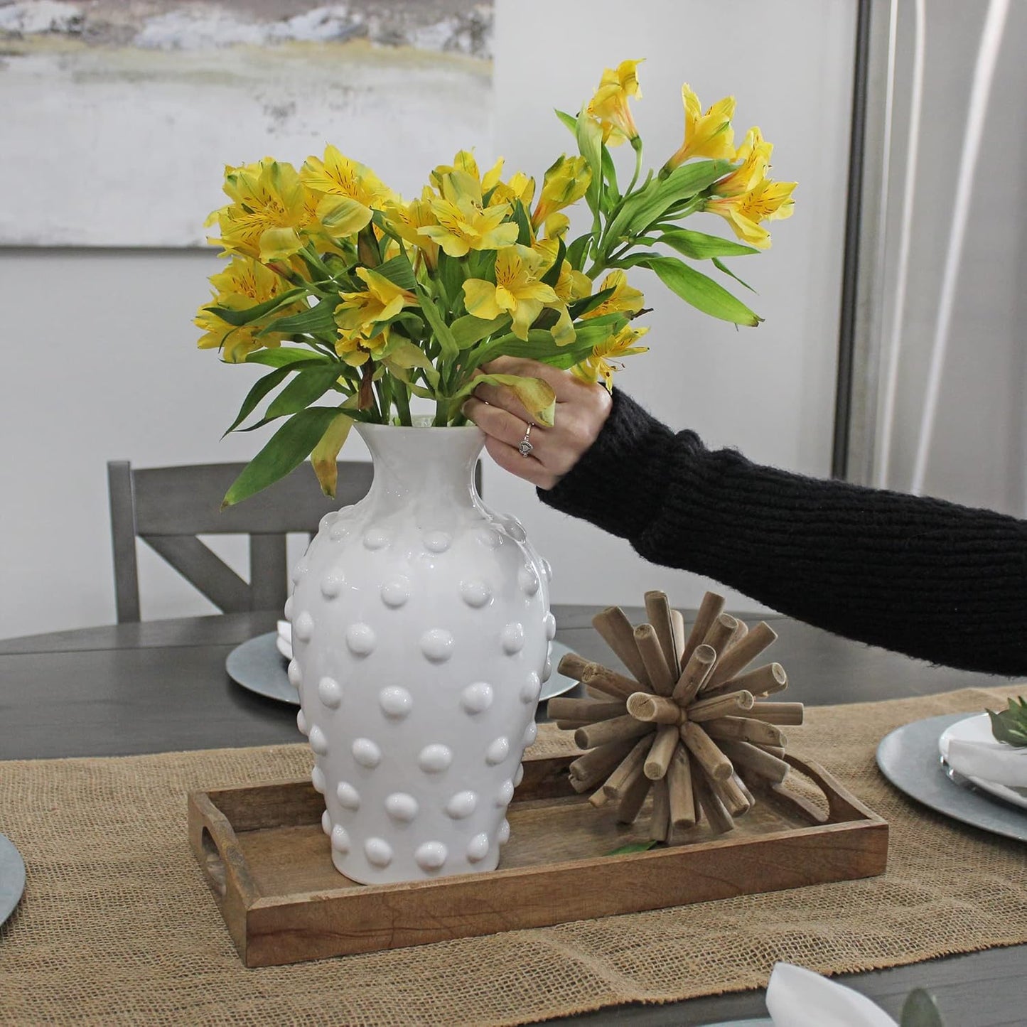 AuldHome Vintage White Hobnail Ceramic Vase, 11 inches tall, 5.4 inch diameter