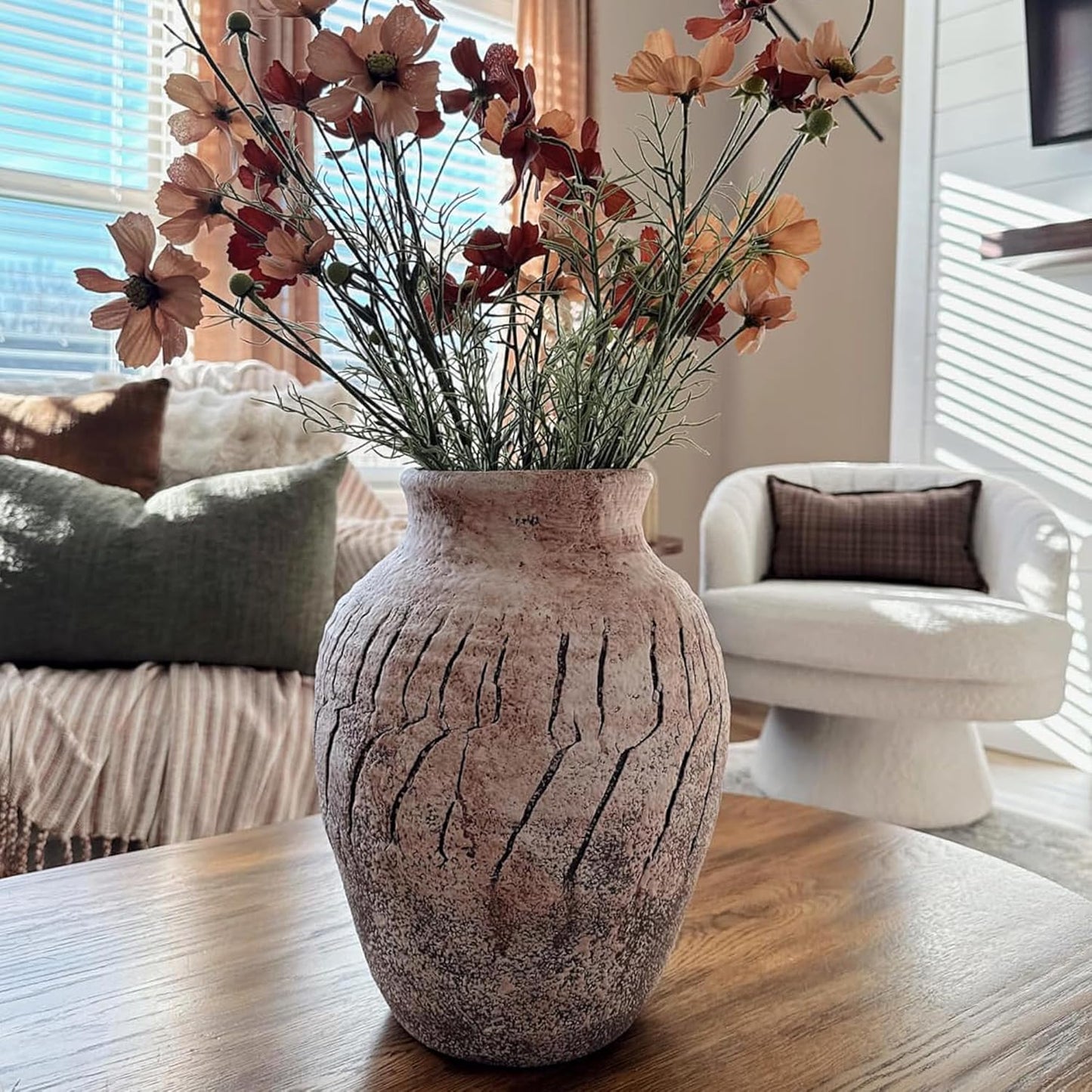 ALMA Handmade Pinky Beige Textured Vase 18 Inch Tall|Large Rustic Floor Vase for Pampas Grass|for Modern Farmhouse Decor, Living Room,Entryway Table Decor