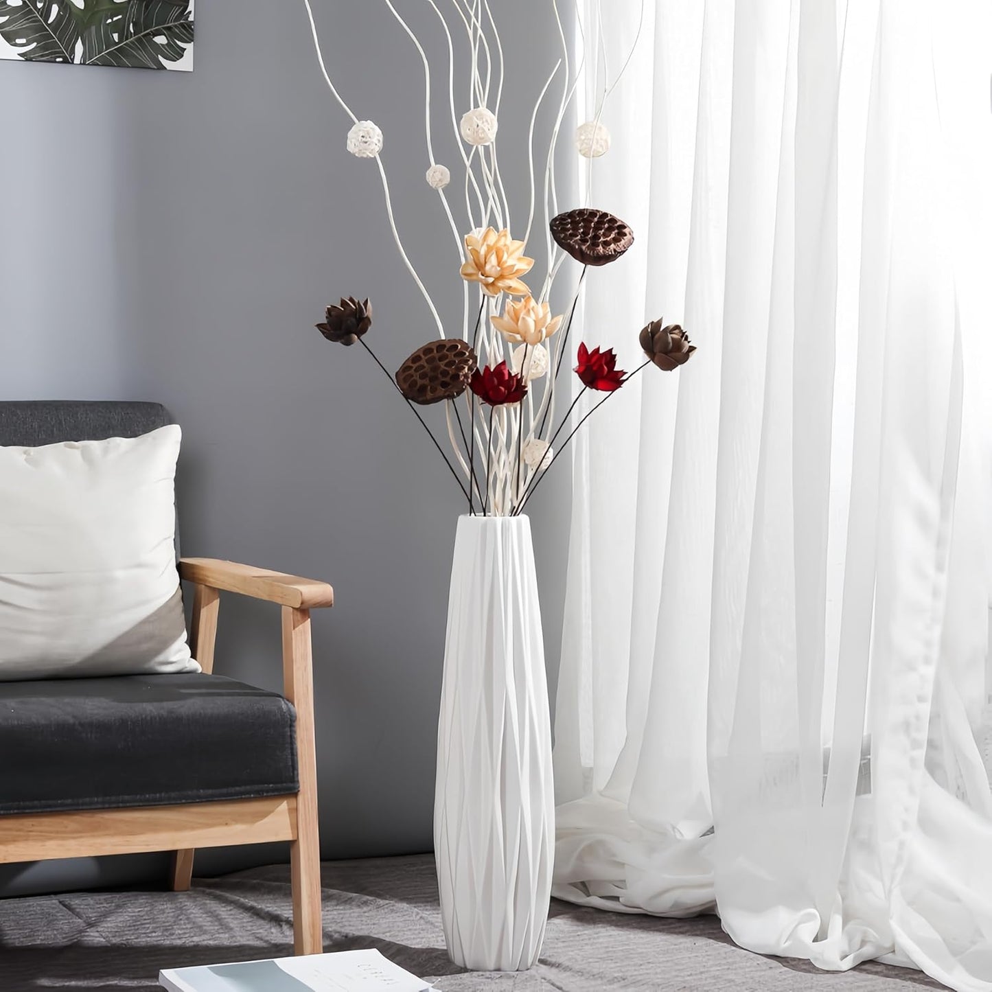 White Tall Floor Vase, 24" Ceramic Large Vase, Decorative Flower Vases for Modern Home Decor Living Room Office Bedroom Kitchen Wedding Centerpieces Farmhouse Décor